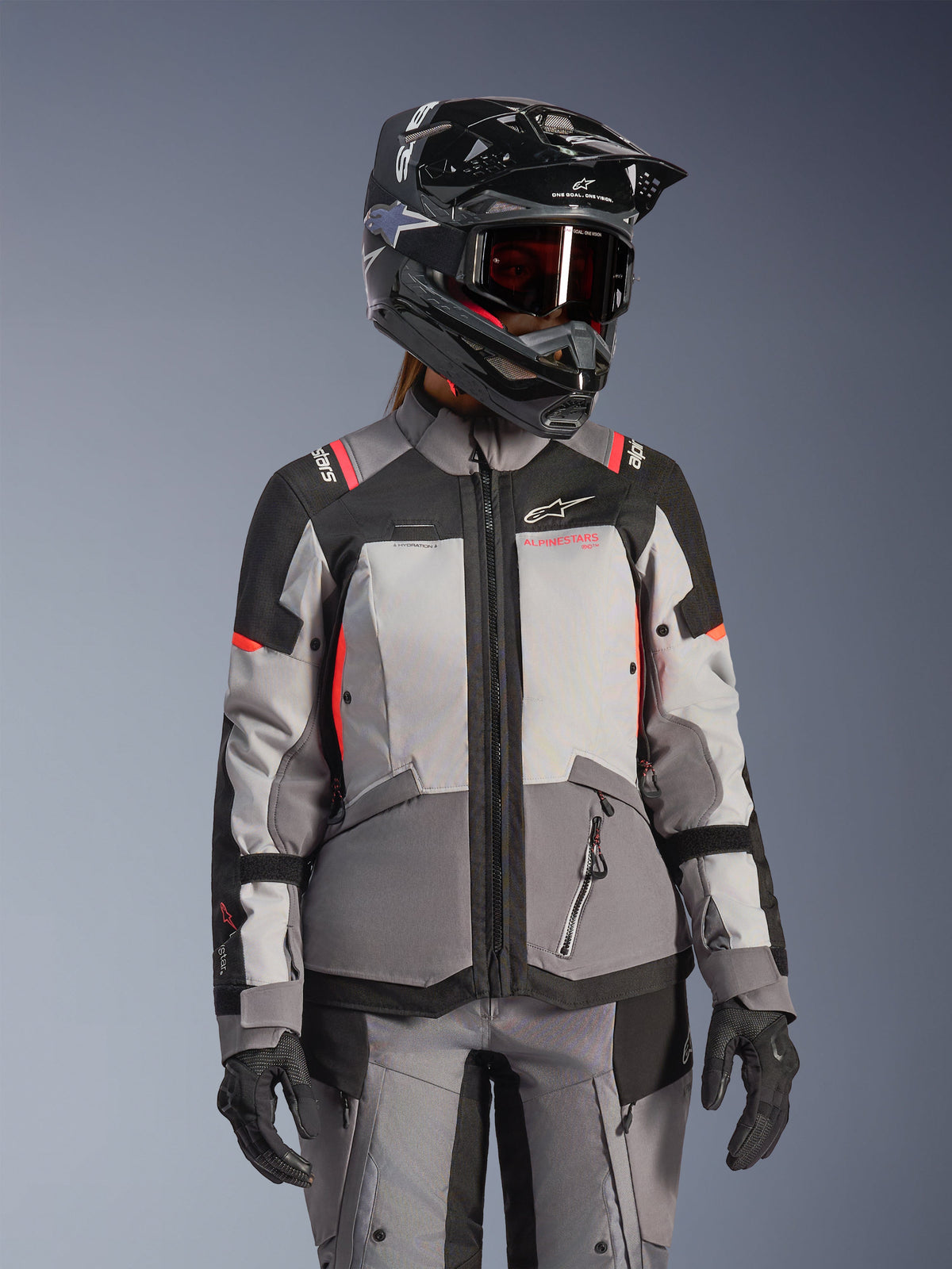 Alpinestars Stella Andes V4 Drystar® Jacket, women's adventure touring, gray and black with coral fluo, waterproof.