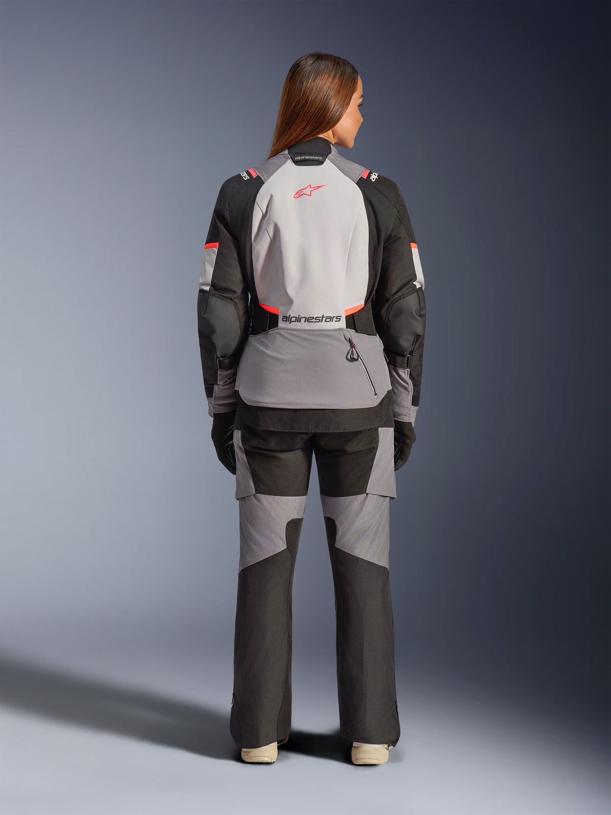 Alpinestars Stella Andes V4 Drystar Jacket, women's waterproof adventure touring gear in gray and black.