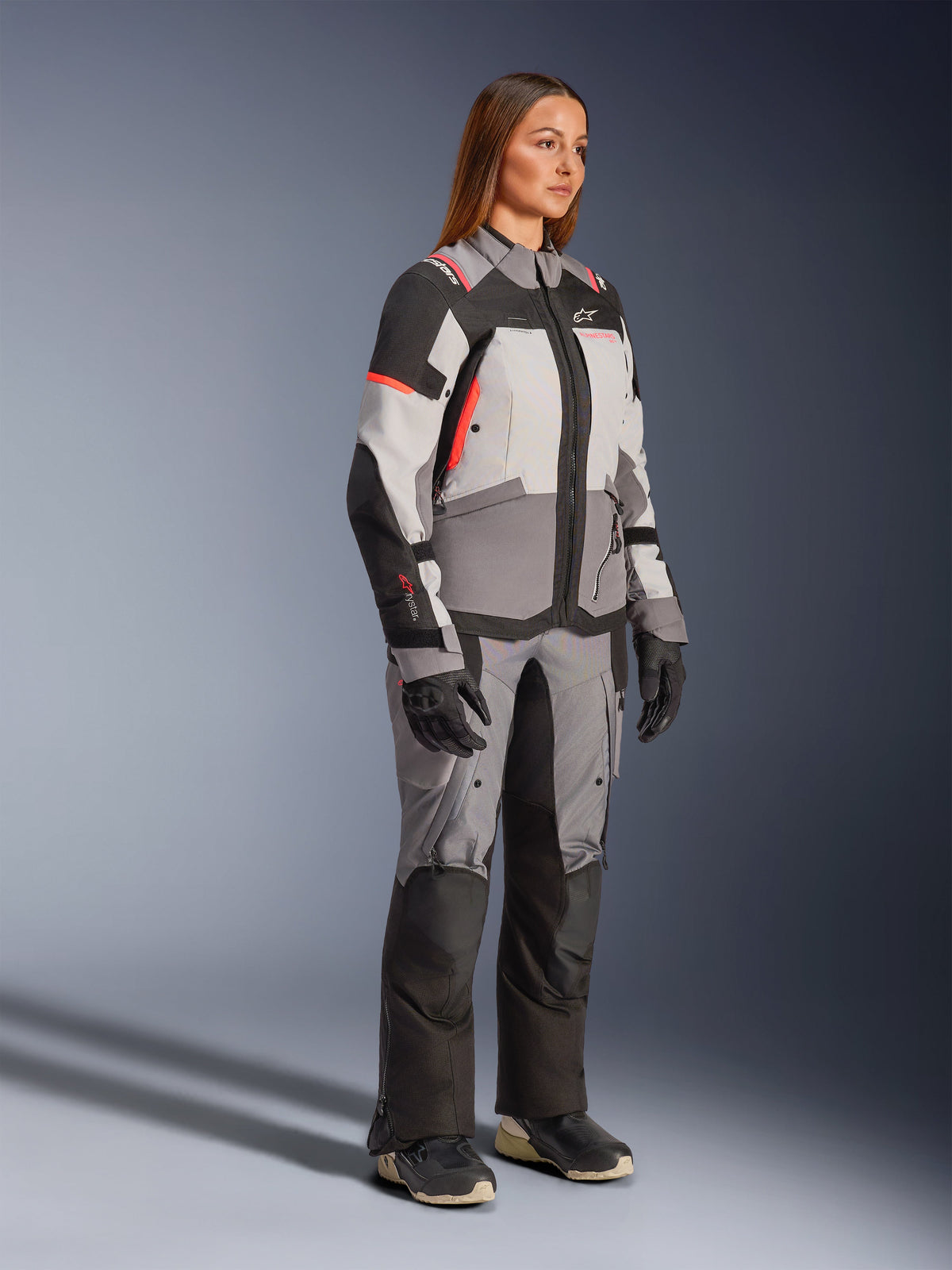 Alpinestars Stella Andes V4 Drystar® Jacket, women's waterproof adventure riding gear in gray and black.