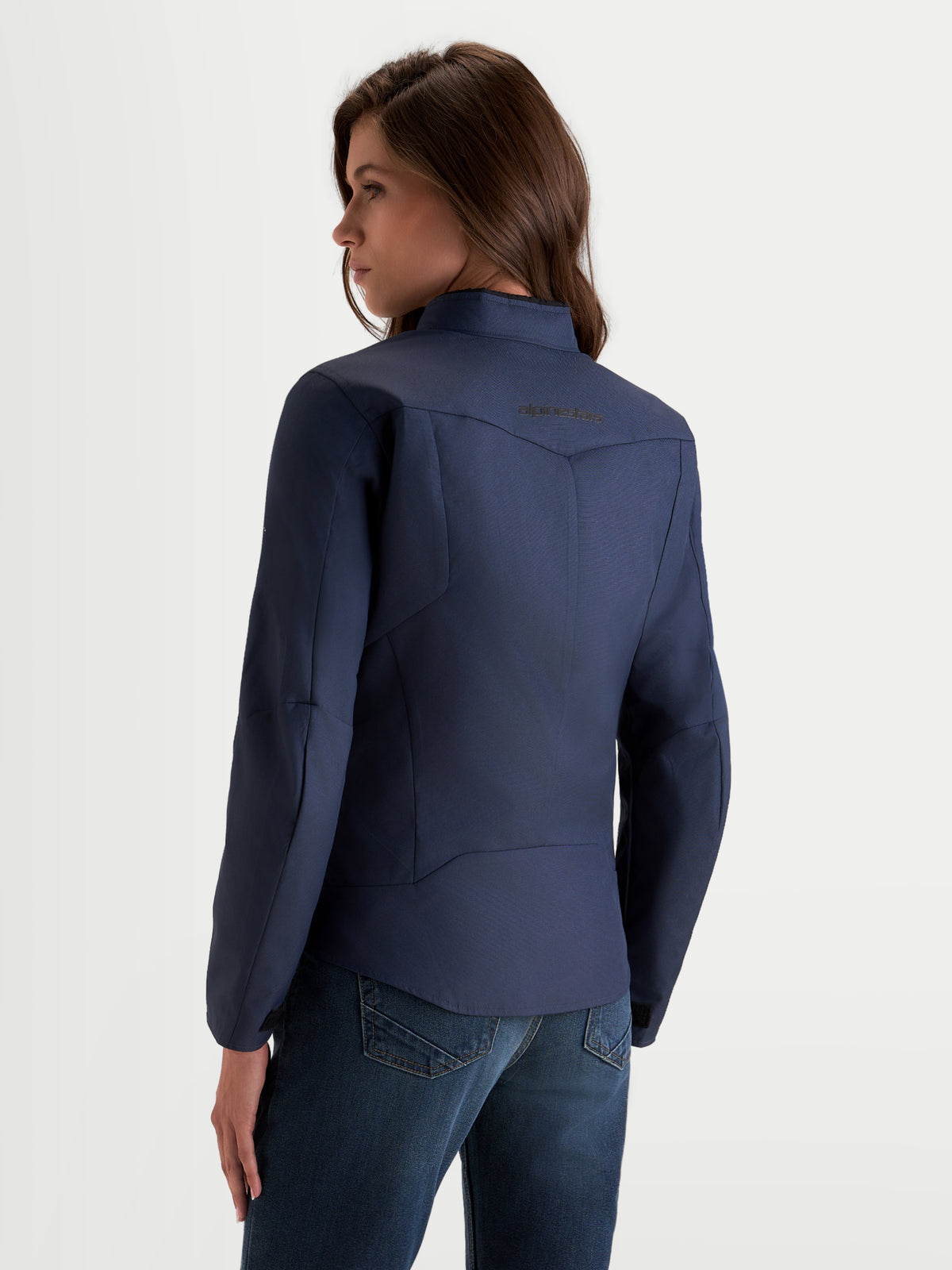 Alpinestars Stella C-1 Waterproof Chaqueta, chaqueta de moto urbana para mujer, color azul mood indigo, vista trasera con construcción en la espalda y cuello interior suave en modelo