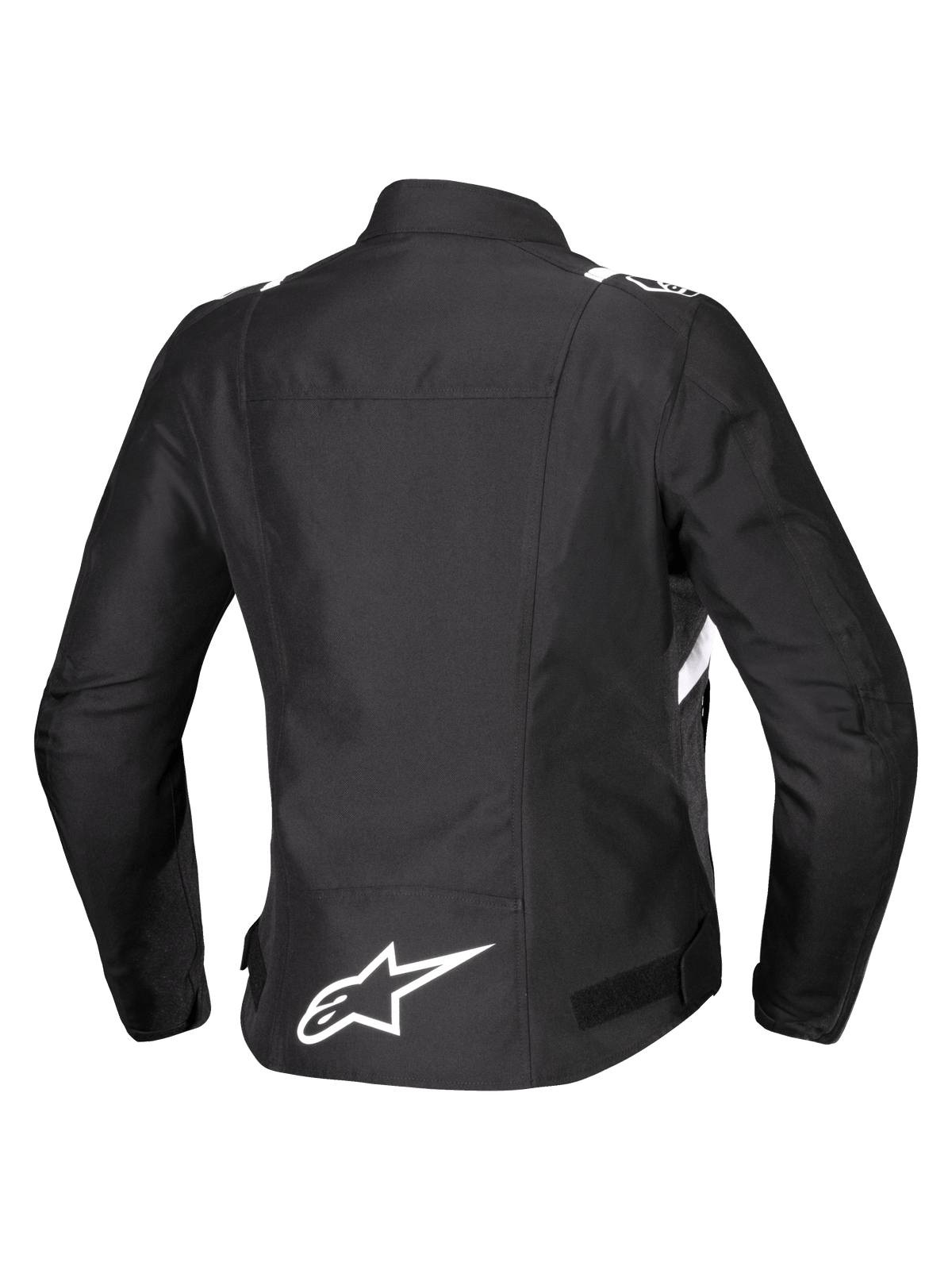 Chaqueta impermeable Alpinestars Stella T-SPS V2, vista trasera, chaqueta de moto textil para mujer, negra con detalles blancos, con el logotipo de la estrella de Alpinestars en blanco en la parte inferior de la espalda y silueta deportiva inspirada en las carreras