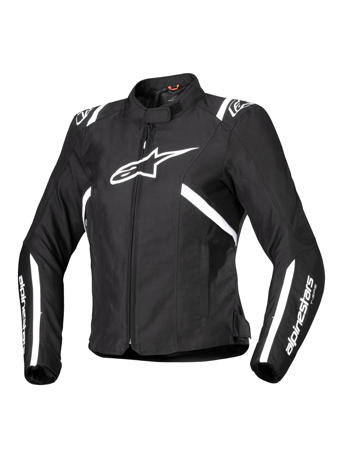 Alpinestars Stella T-SPS V2 Waterproof Jacket, chaqueta de moto para mujer, negra y blanca, con un gran logo de estrella blanca en el pecho, rayas blancas en hombros y mangas, silueta estilizada inspirada en las carreras, cuello alto y tejido textil duradero