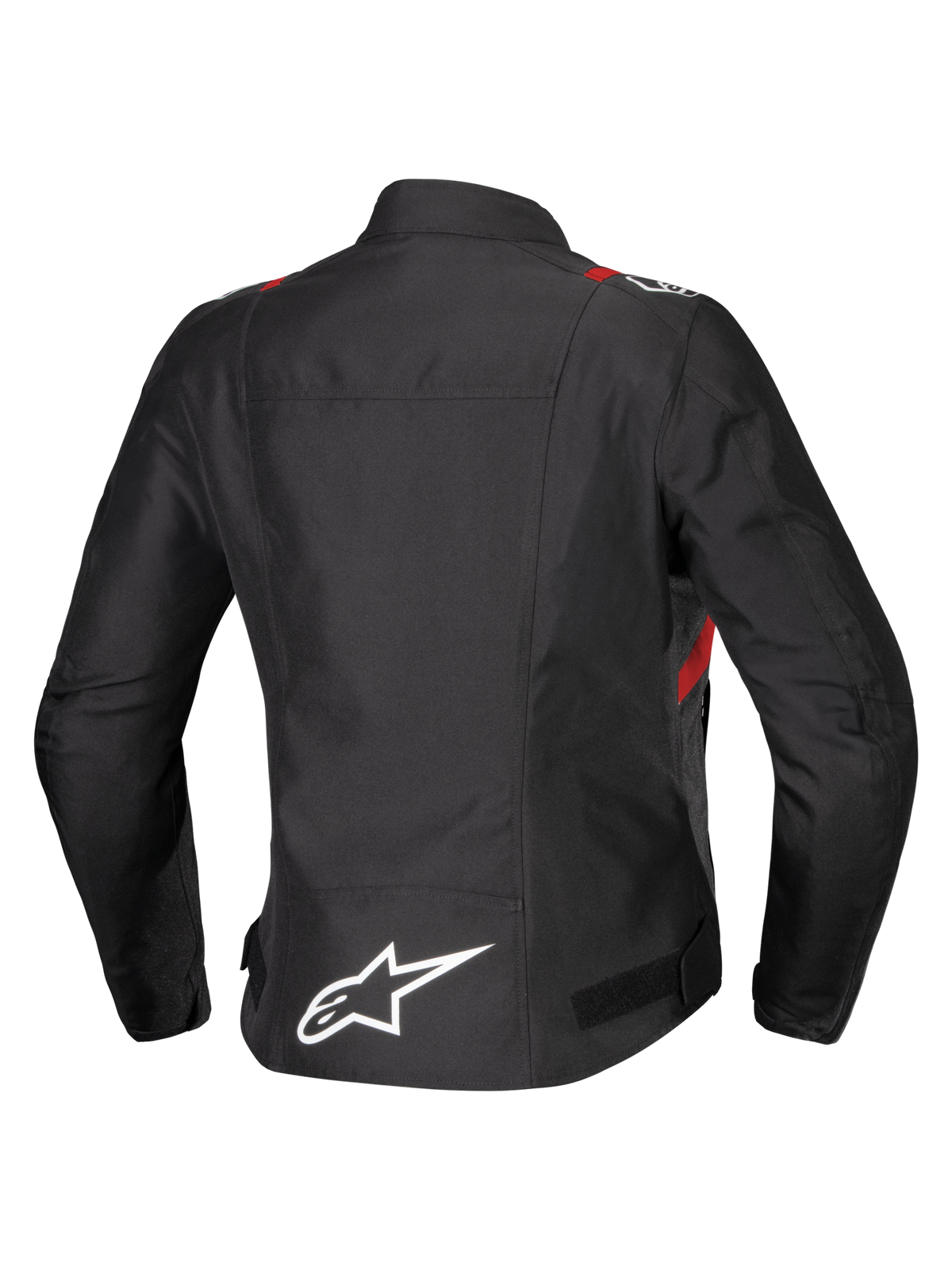 Chaqueta Alpinestars Stella T-SPS V2 Waterproof, vista trasera, negra con detalles en rojo y blanco, chaqueta de moto textil para mujer con un gran logotipo de Alpinestars blanco en la parte baja de la espalda y silueta deportiva