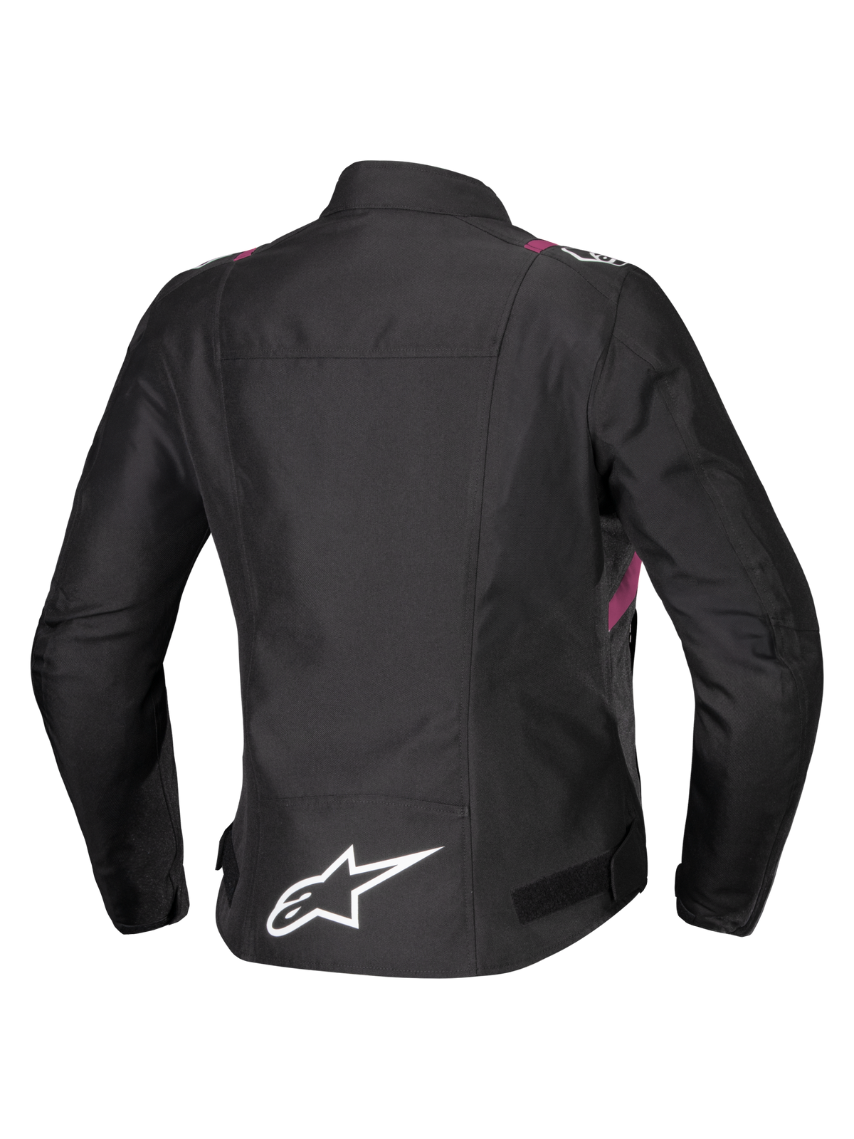 Chaqueta impermeable Alpinestars Stella T-SPS V2, chaqueta de moto para mujer, negra con detalles en blanco y rosa diva, vista trasera que muestra el logotipo de la estrella blanca en la parte inferior de la espalda, silueta de inspiración deportiva con acabado textil duradero