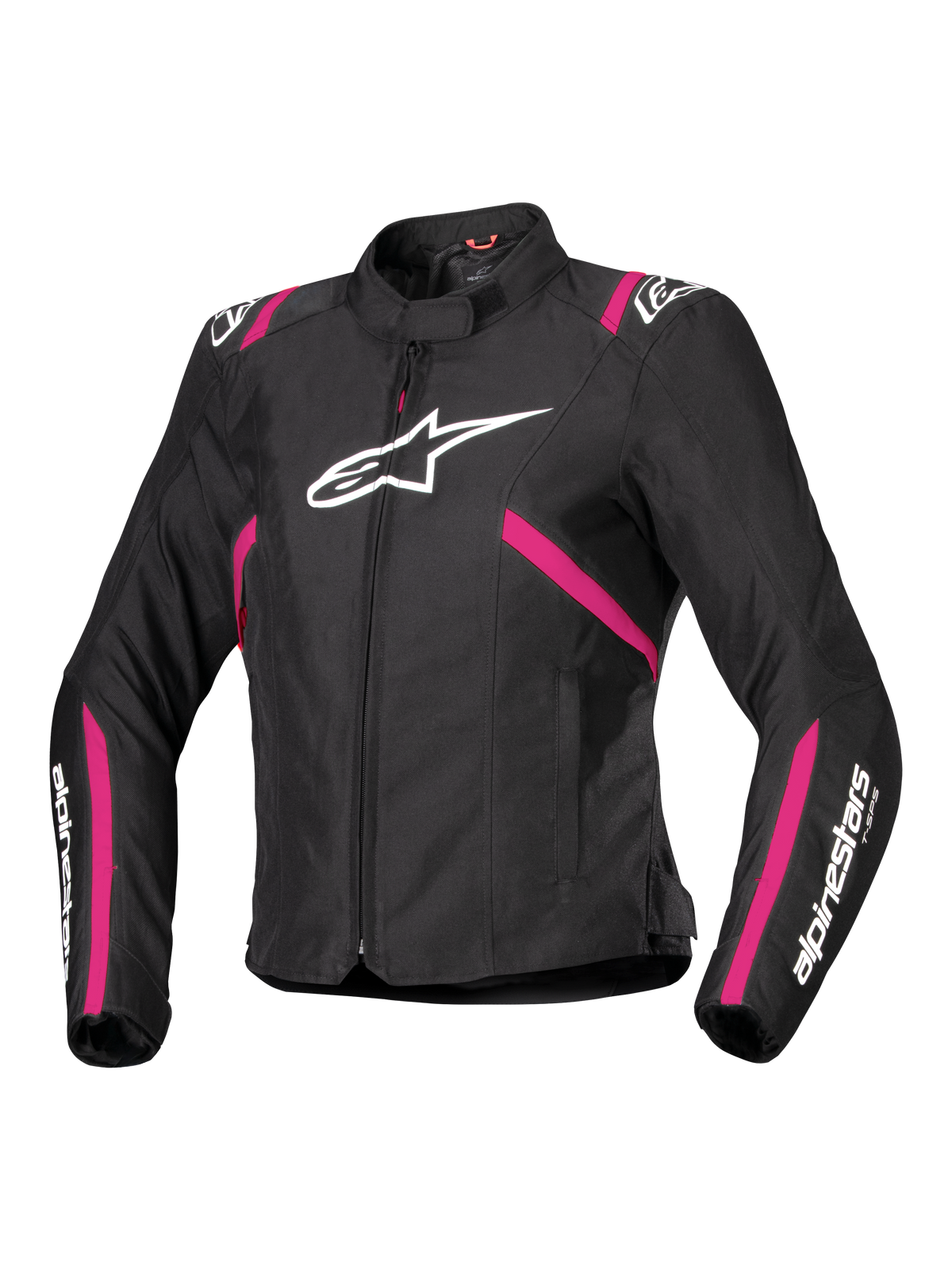 Alpinestars Stella T-SPS V2 Waterproof Jacket, chaqueta de moto textil para mujer, negra con acentos en rosa Diva y blanco, con un gran logo blanco de Alpinestars en el pecho, rayas rosas en el torso y las mangas, marca blanca en los antebrazos, diseño deportivo ajustado para todo tipo de clima