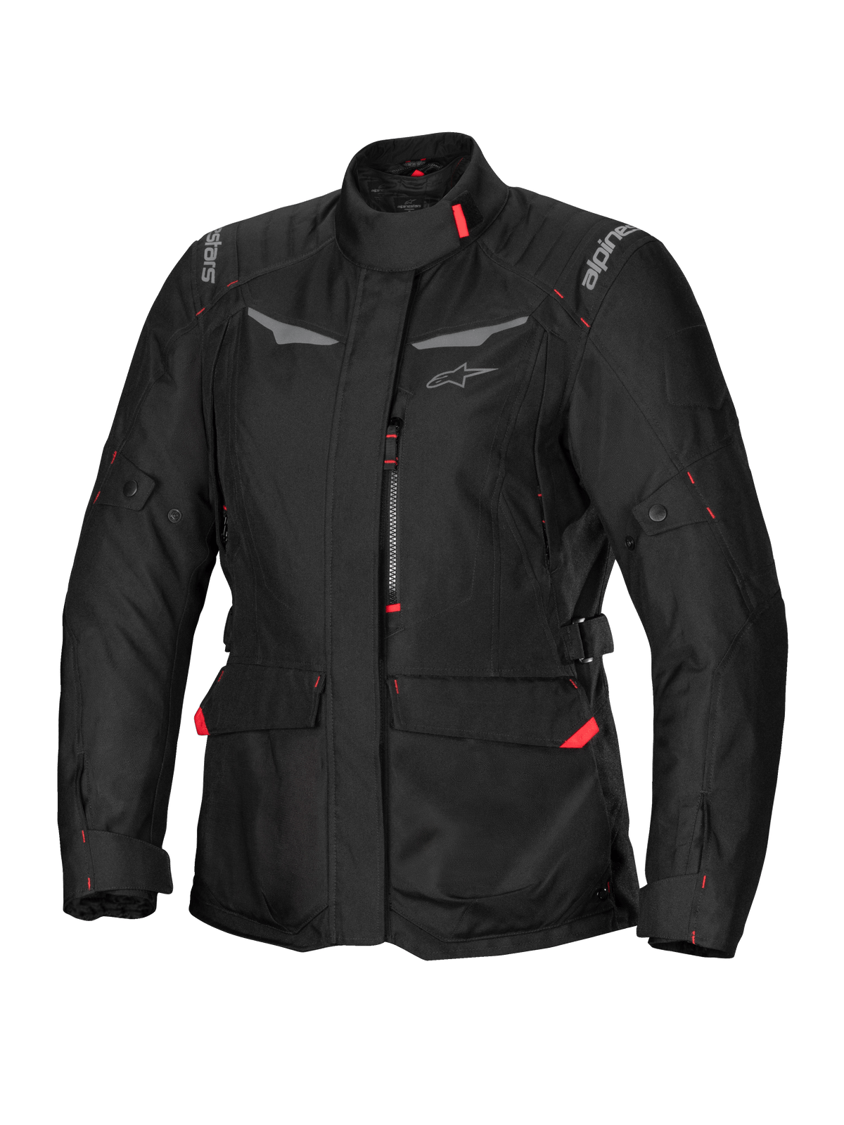 Alpinestars Stella ST-1 Waterproof Jacket, chaqueta de moto de turismo para mujer, negra con detalles rojos, cuello alto, cremallera frontal, grandes bolsillos de carga en la cintura, correas ajustables en cintura y puños, construcción resistente a la intemperie