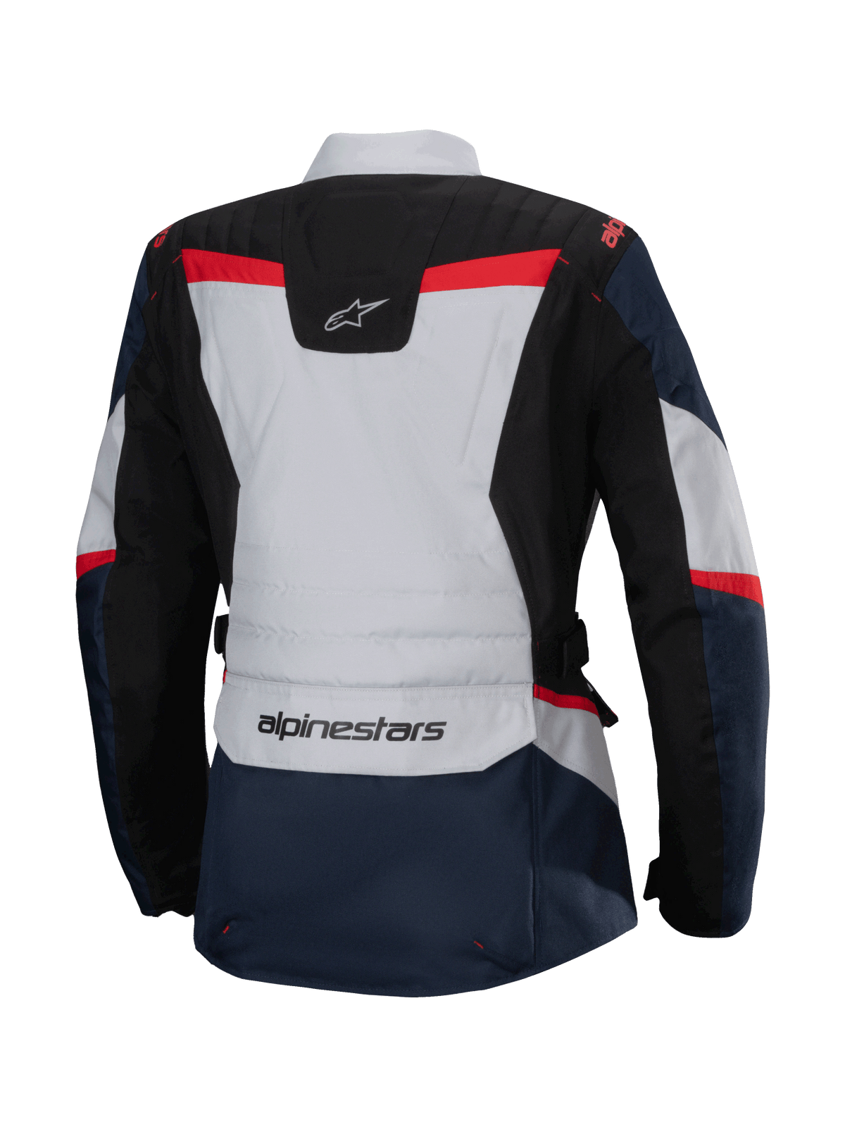 Chaqueta Alpinestars Stella ST-1 Waterproof, vista trasera, azul oscuro y negro con detalles en gris claro y rojo brillante, chaqueta de turismo de aventura para mujer con marca Alpinestars y construcción ergonómica.