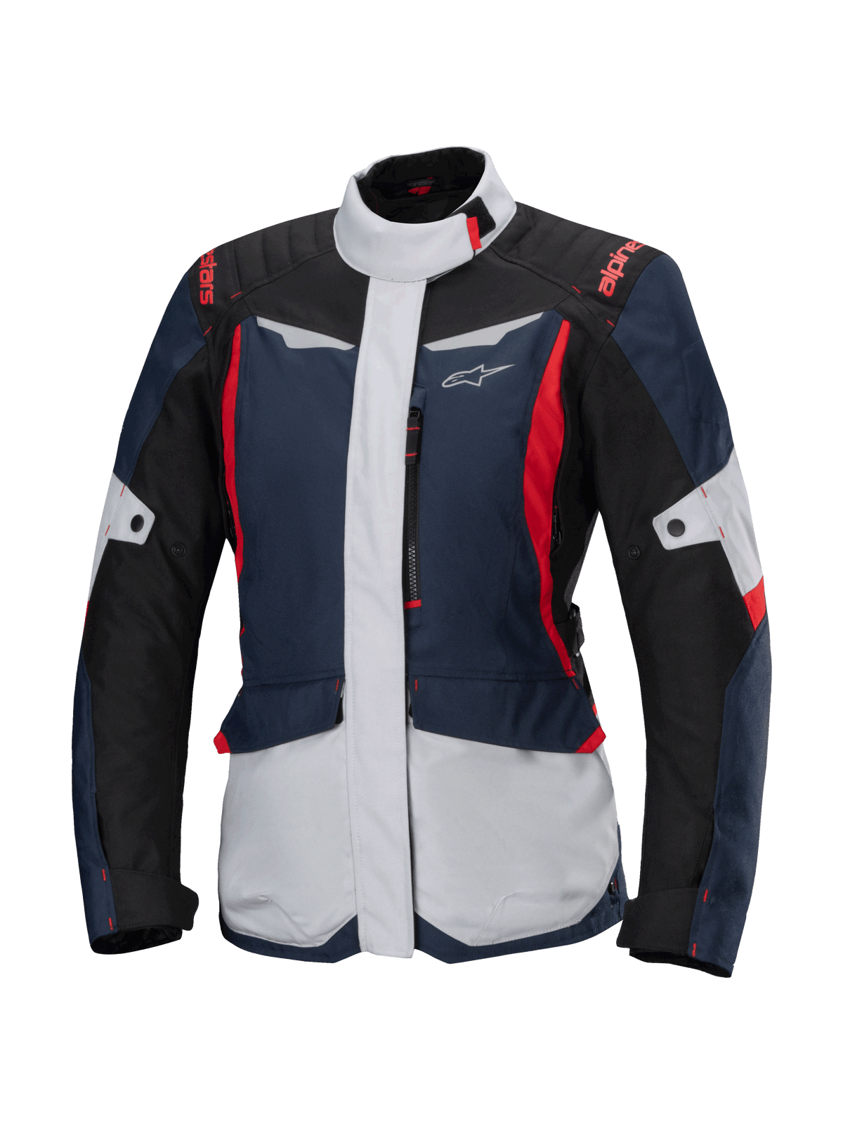 Alpinestars Stella ST-1 Waterproof Jacket, chaqueta de moto touring para mujer, azul oscuro, negro y rojo brillante, con paneles gris claro, cuello alto, cremallera frontal y diseño de inspiración adventure con formas angulares y bolsillos cargo