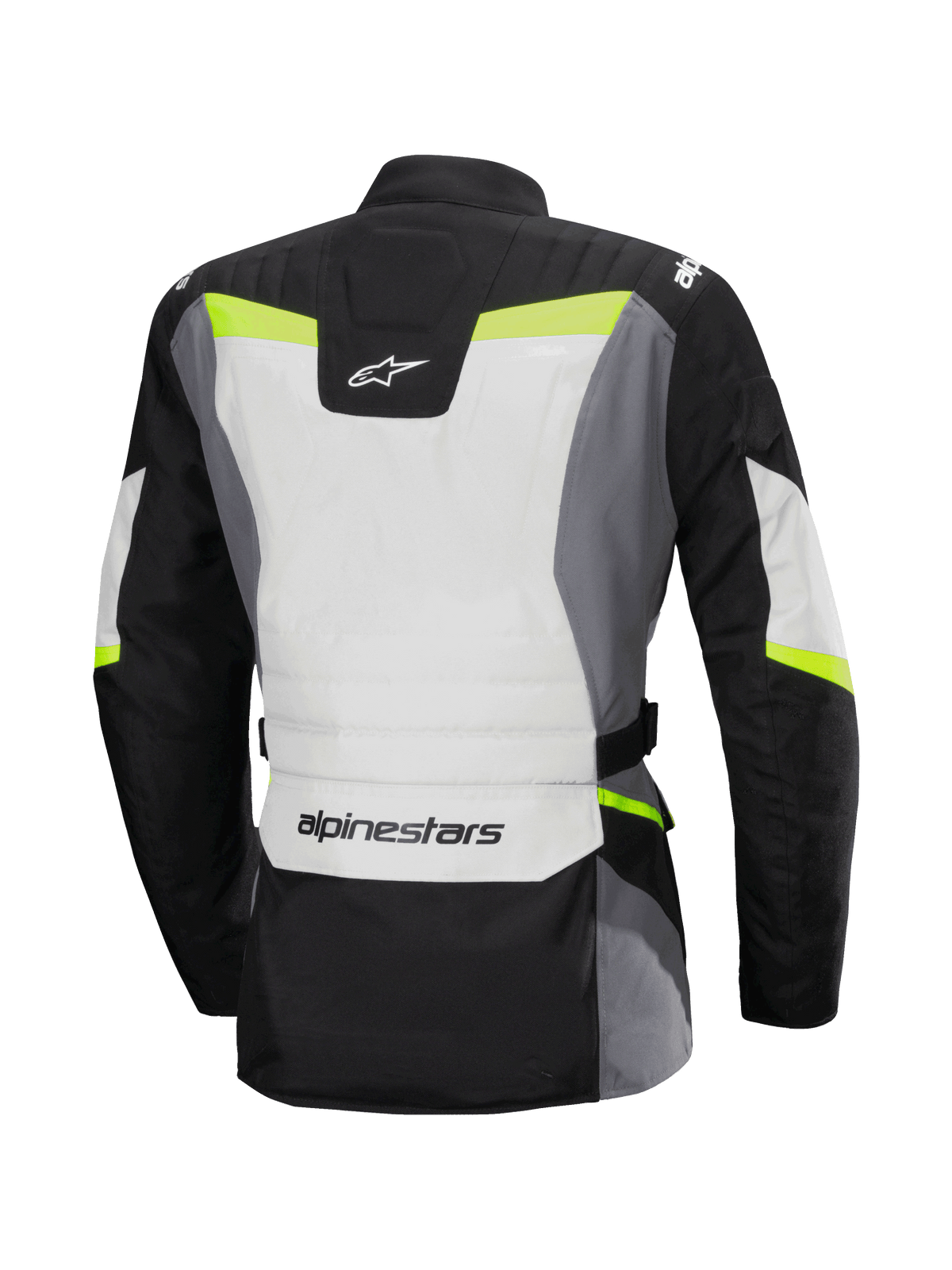 Chaqueta impermeable Alpinestars Stella ST-1, vista trasera, chaqueta de moto de turismo para mujer, gris hielo, negro y amarillo flúor, presenta el logotipo de Alpinestars en la parte inferior de la espalda y en la parte superior del cuello, diseño de turismo de aventura con construcción textil protectora y detalles fluorescentes.