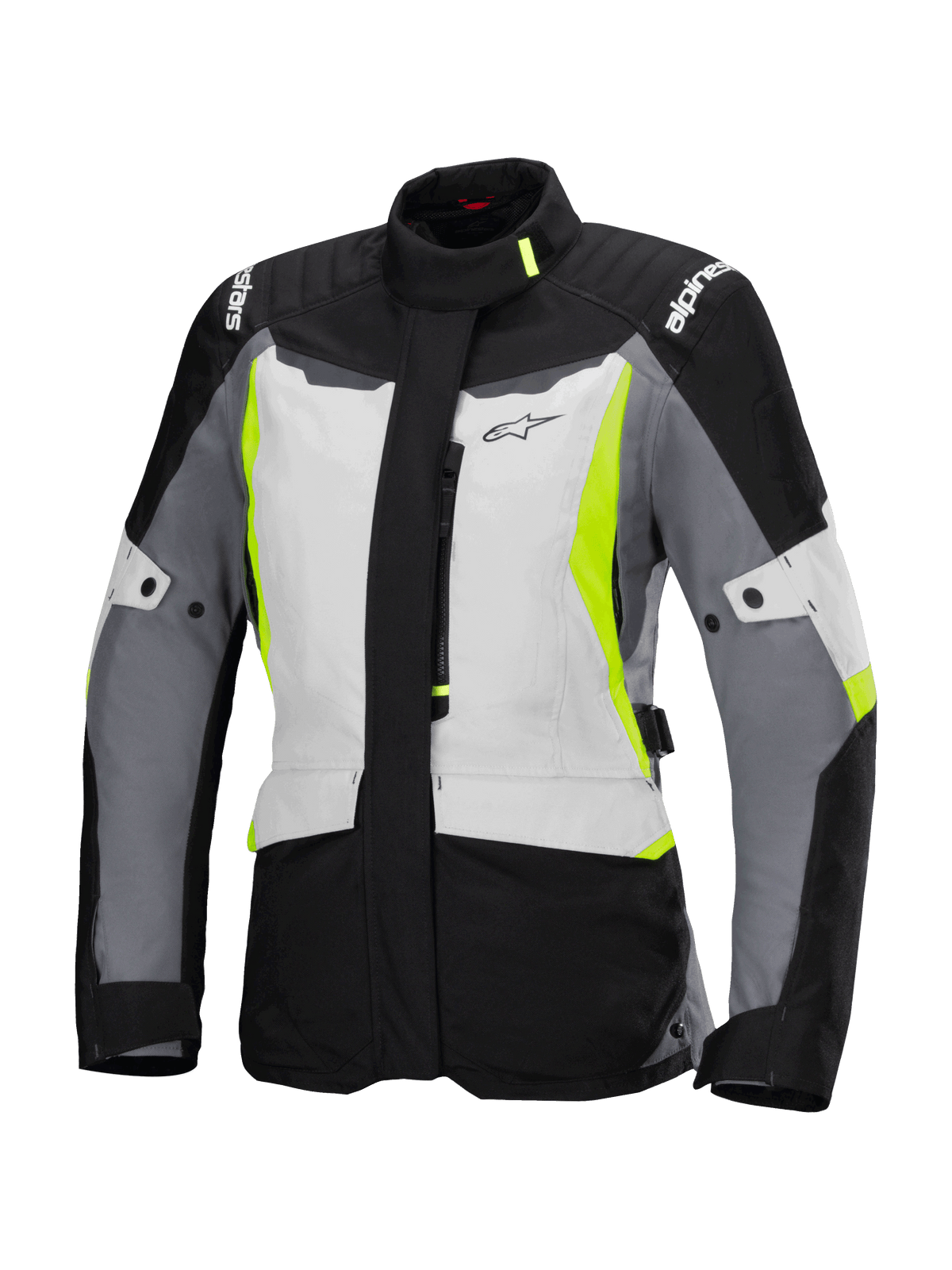 Alpinestars Stella ST-1 Waterproof Jacket, chaqueta de moto de turismo para mujer, gris hielo, negro y amarillo fluorescente, con cuello alto, cremallera frontal, hombros reforzados con el logo de la marca y correas de cintura ajustables, diseño inspirado en el turismo de aventura