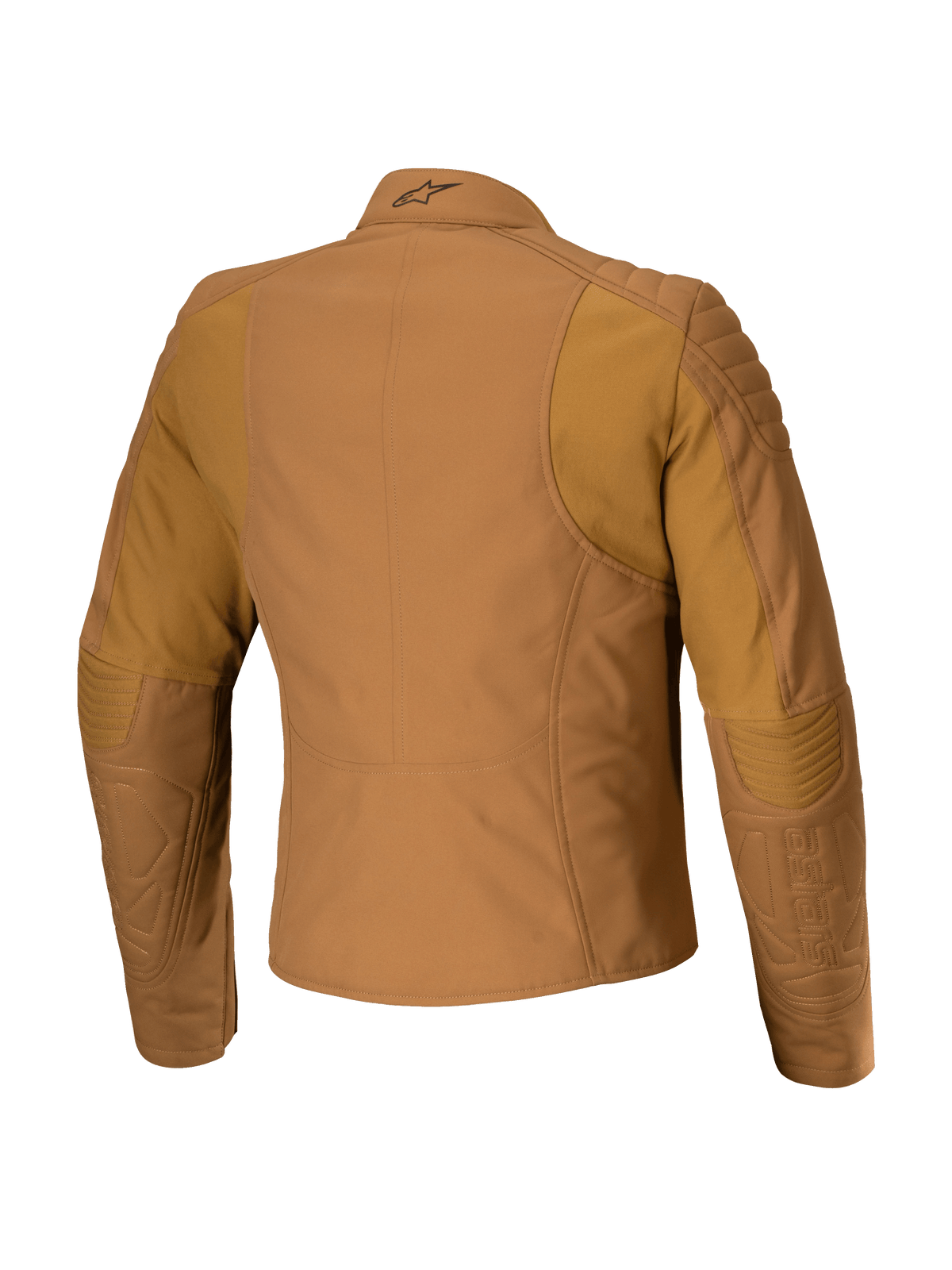 Chaqueta para mujer Alpinestars Isla WR, chaqueta urbana de moto, marrón Utility Brown Light Gold, vista trasera con refuerzos acolchados en hombros y codos, corte femenino entallado con paneles elásticos ergonómicos, tejido repelente al agua con acabado mate