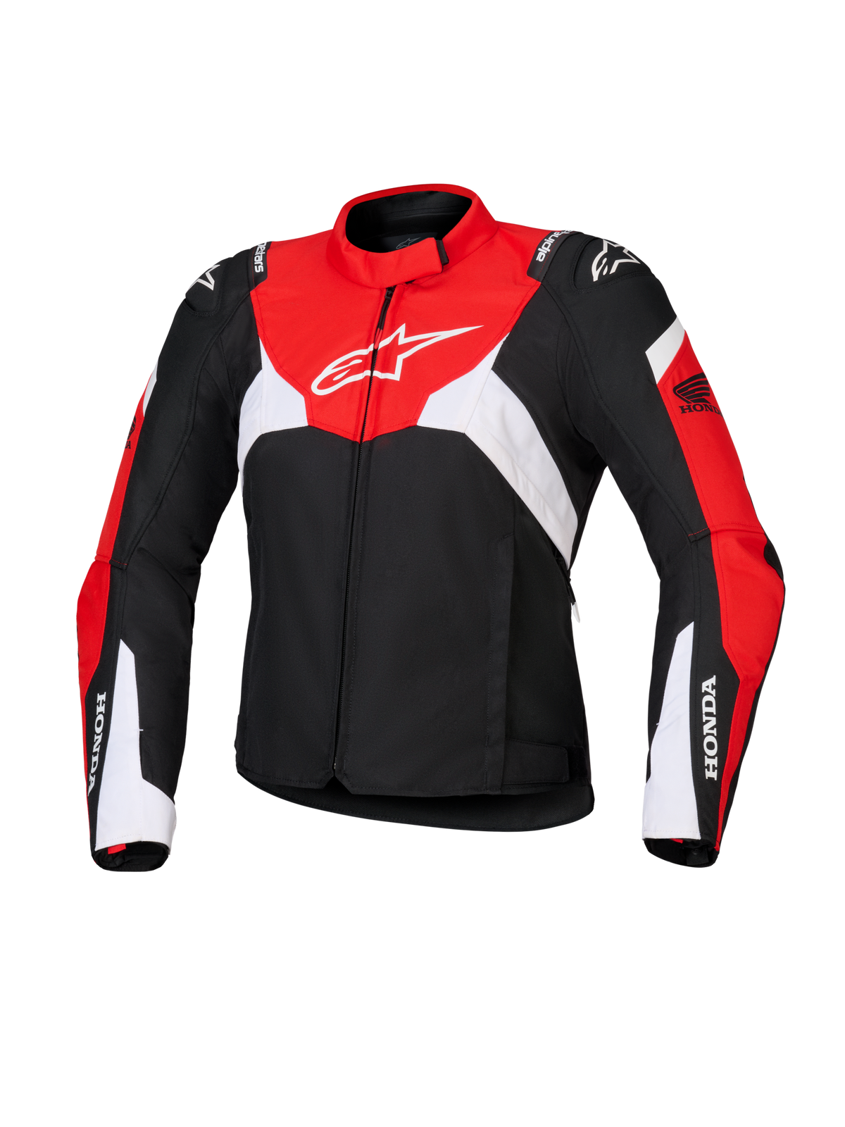 Alpinestars Honda Woman Stella T-Jaws V4 Wp Jacket, Women's Waterproof Sport Motorcycle Jacket, Black with Bright Red and White panels, featuring Honda branding on sleeves and white Alpinestars logo on chest, technical textile construction with a sporty silhouette