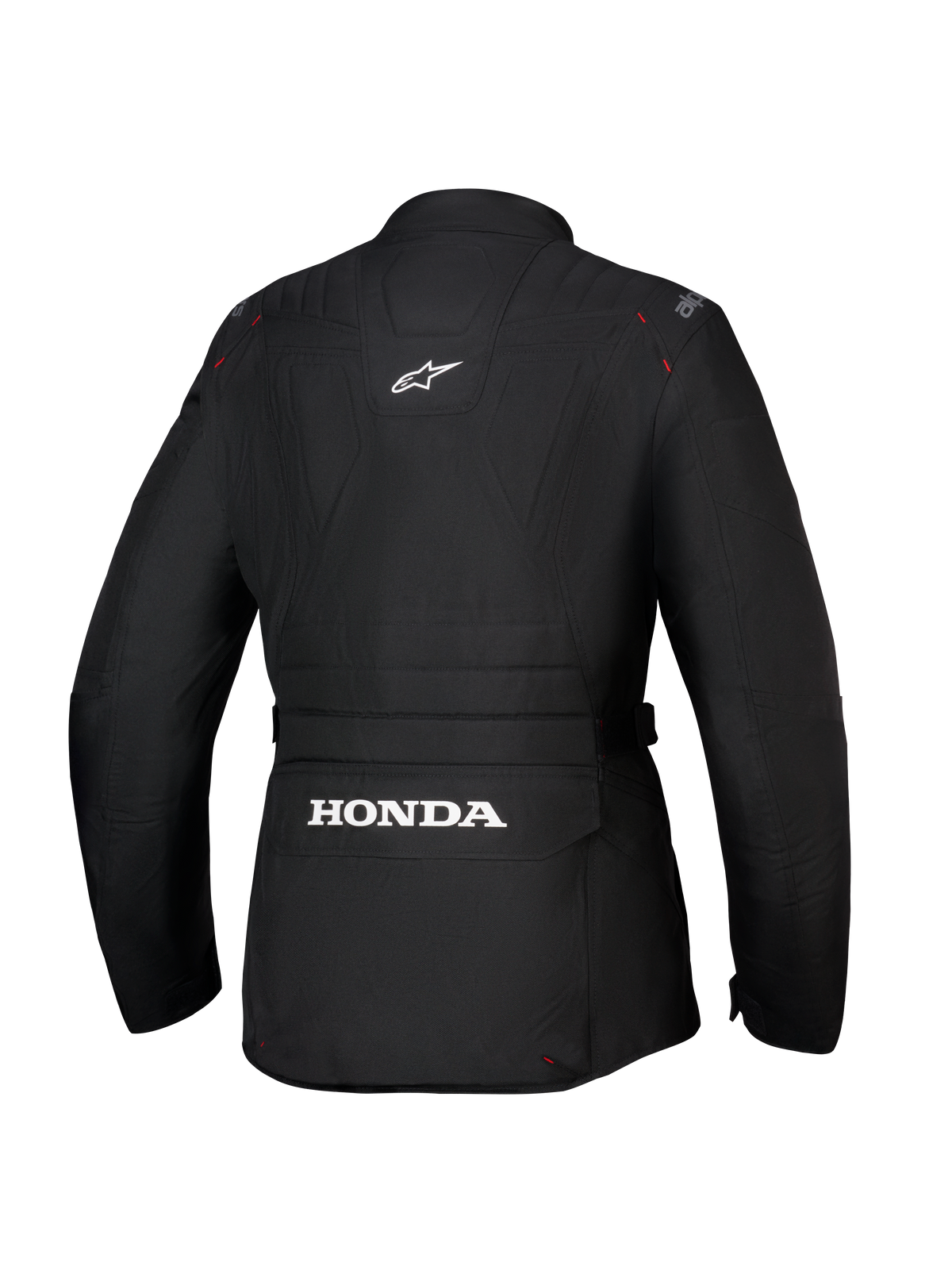Chaqueta Alpinestars Honda Stella ST-1 WP, chaqueta de moto impermeable para mujer, negra, vista trasera con gran logotipo blanco de Honda en el bolsillo de carga inferior, logotipo de Alpinestars en la parte superior de la espalda, construcción textil técnica con silueta adventure touring y detalles de costuras rojas.