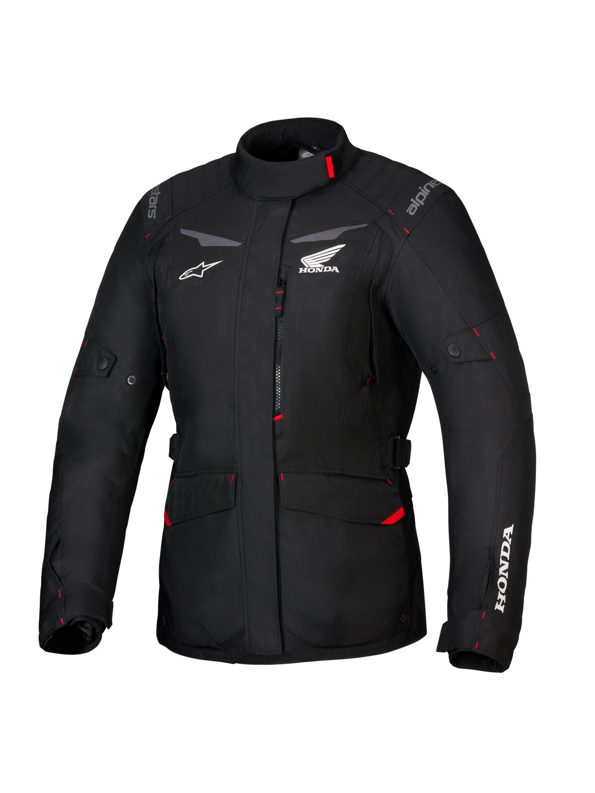 Chaqueta Honda Stella ST-1 WP, chaqueta de touring impermeable para mujer, negra con detalles en rojo y logotipos de Honda en blanco, cuello alto, cremallera frontal, bolsillos de carga expandibles, equipamiento de aventura de tejido duradero