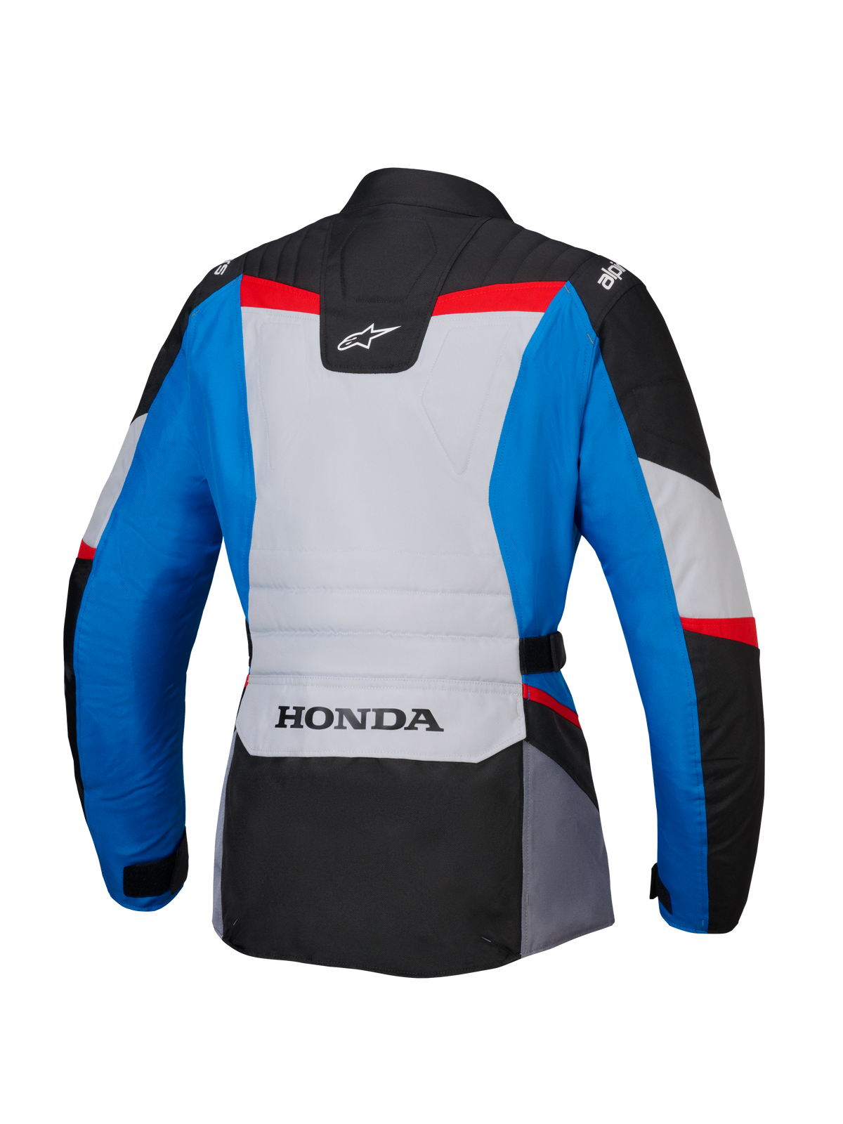 Chaqueta Alpinestars Honda Stella ST-1 WP para mujer, vista trasera, chaqueta de moto adventure touring en azul, gris hielo y negro con detalles en rojo, con marca HONDA en la parte inferior de la espalda y logotipos de Alpinestars en los hombros y la parte superior de la espalda.