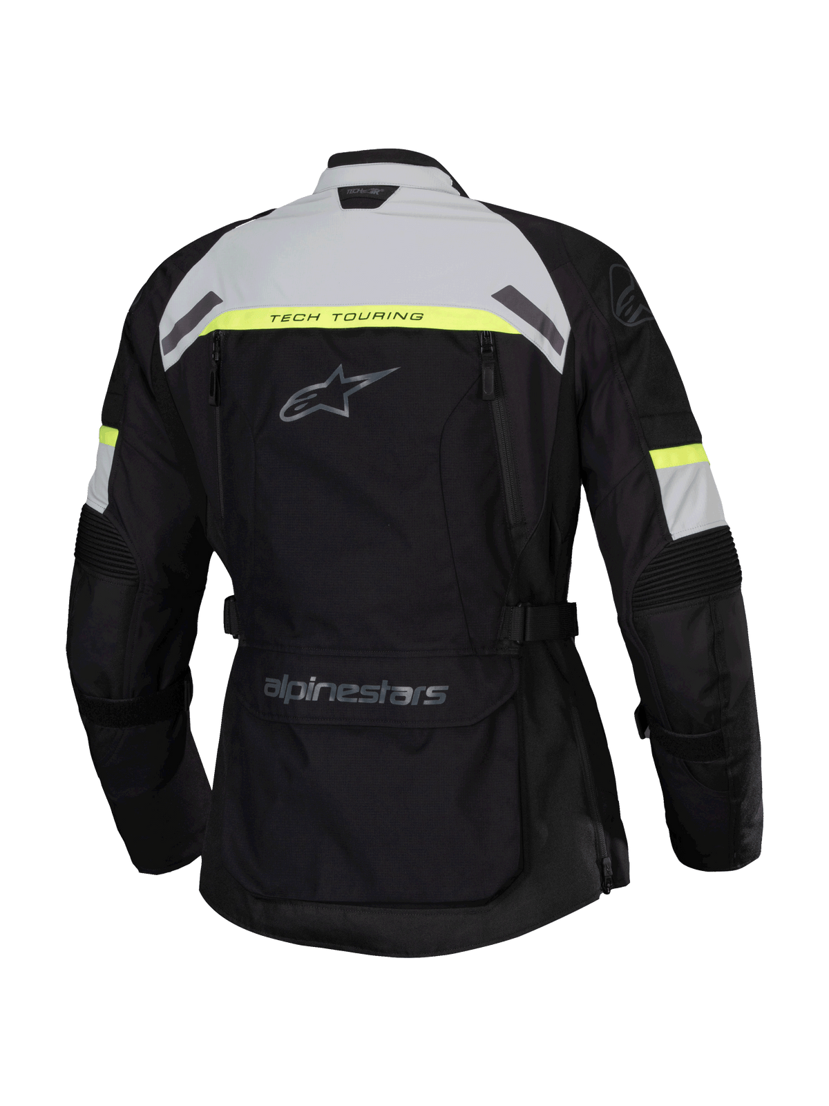 Chaqueta Alpinestars Stella Bogotá Pro Drystar®, vista trasera, negra con detalles en gris hielo y amarillo flúor, chaqueta de moto Adventure Touring para mujer con distintivos Tech Touring y un gran bolsillo utilitario en la parte inferior de la espalda