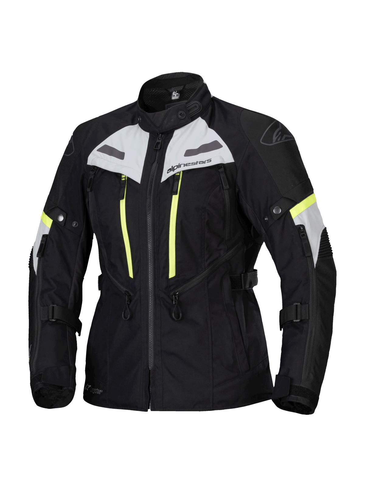 Alpinestars Stella Bogota Pro Drystar Jacket, chaqueta de moto touring para mujer, negra con detalles en gris hielo y amarillo flúor, construcción textil impermeable y transpirable, con amplias cremalleras de ventilación y correas ajustables para conducción de aventura