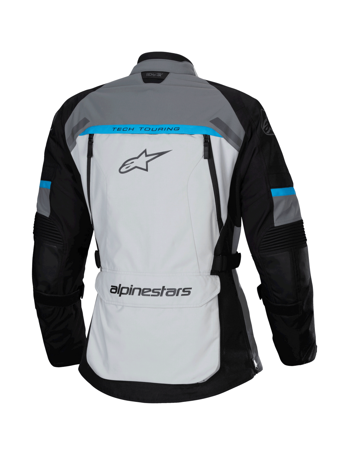 Chaqueta Alpinestars Stella Bogotá Pro Drystar®, gris hielo, negro y cian, vista posterior con un gran panel gris claro con la marca 'TECH TOURING', mangas negras con detalles cian y bolsillo de almacenamiento en la parte inferior de la espalda.