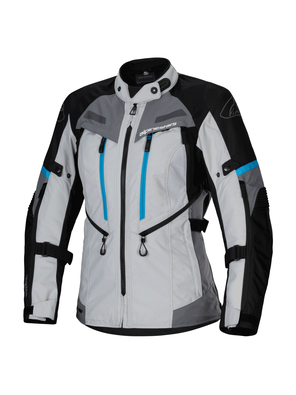 Chaqueta Alpinestars Stella Bogotá Pro Drystar®, chaqueta de aventura para mujer, gris hielo, negro y cian, con membrana impermeable Drystar®, doble cremallera vertical azul en el pecho, correas ajustables en brazos y cintura, y paneles protectores reforzados