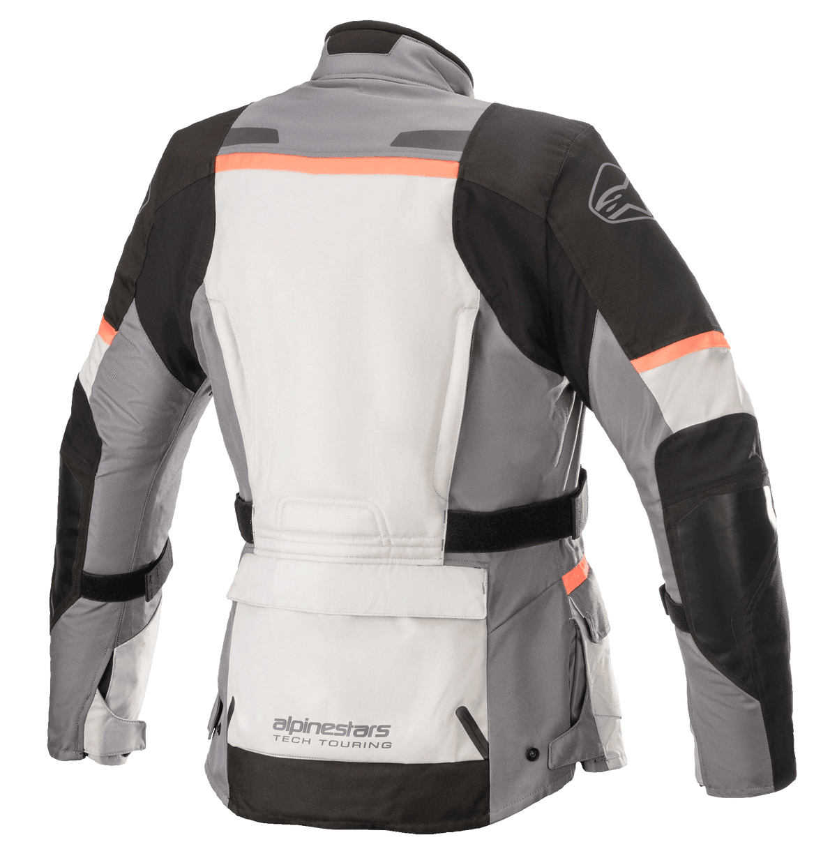 Chaqueta Stella Andes V3 Drystar® para mujer de Alpinestars, chaqueta de moto en gris hielo, gris oscuro, negro y coral, vista trasera que muestra un gran bolsillo utilitario en la parte inferior de la espalda, cinturón de ajuste en la cintura y detalles en coral en los hombros y la espalda.