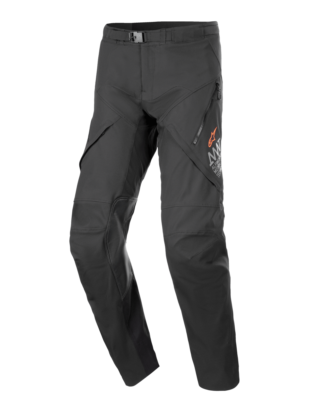 Alpinestars AMT-8 Stretch Drystar XF Pants, pantalones de moto touring negros, con puertos de ventilación con cremallera en los muslos, logotipo de estrella naranja, hebilla ajustable en la cintura y paneles de rodilla reforzados, tejido elástico de alto rendimiento duradero