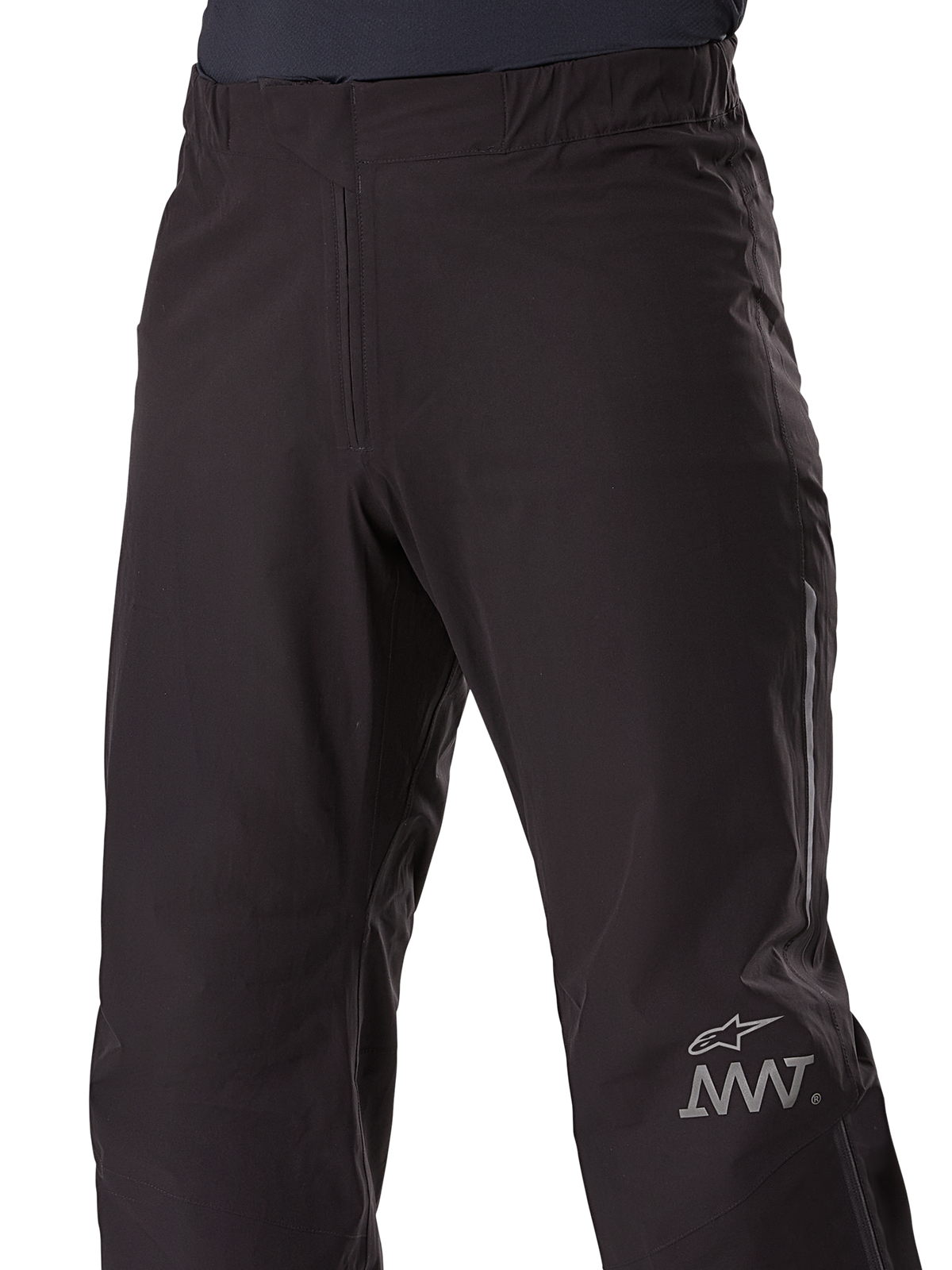 Alpinestars AMT-8 Stretch Drystar® XF Pant Liner, forro de pantalón para motocicleta, negro, con el logotipo de la estrella de Alpinestars y AMT en la pierna, cintura elástica, confección textil impermeable y estilizada