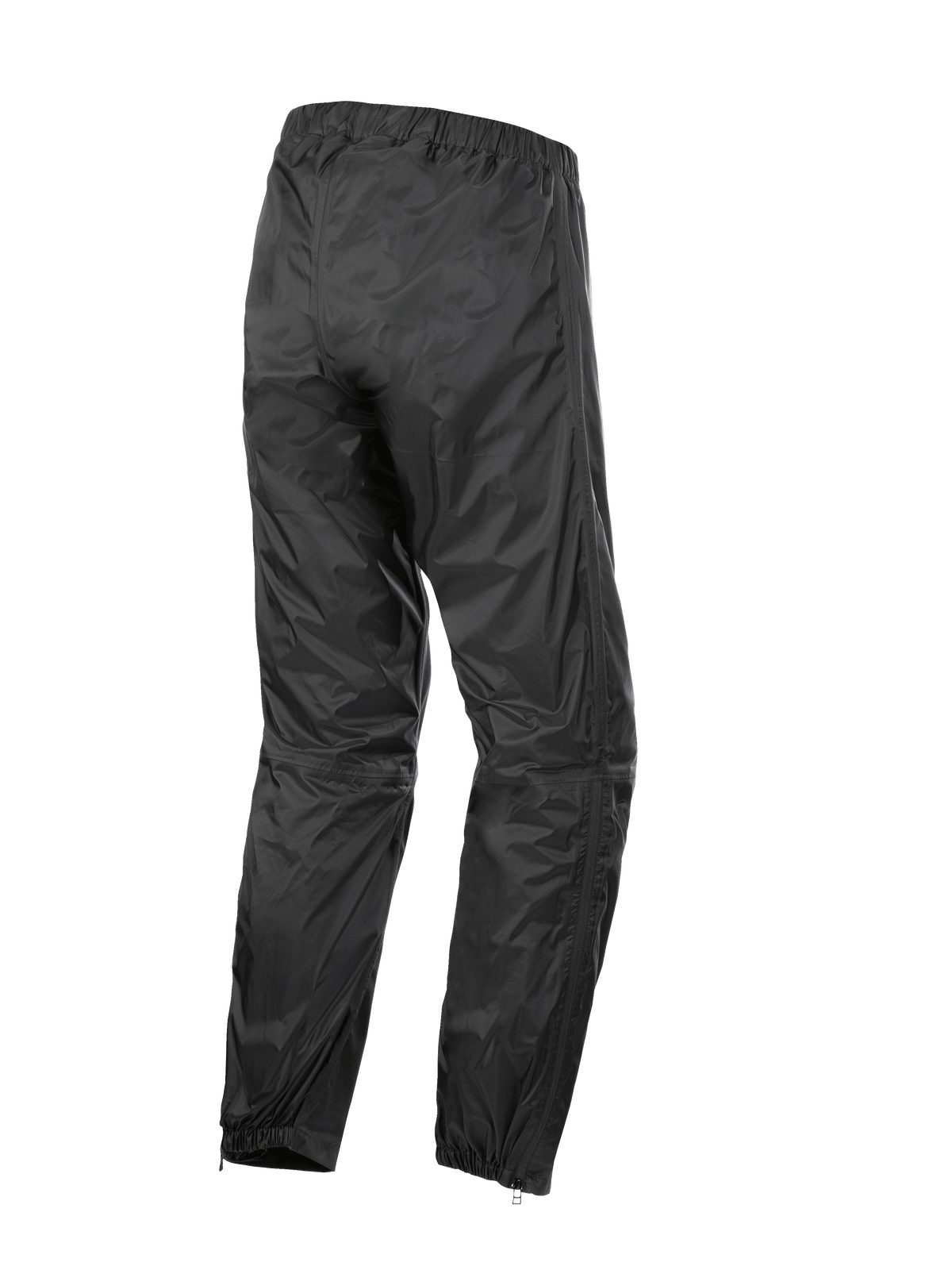 Pantalones Alpinestars Hurricane Rain V2, sobrepantalones impermeables para moto, negros, vista trasera que muestra la cintura y los puños elásticos, tejido laminado ligero y resistente al viento con cremalleras en la parte inferior de la pierna para un fácil acceso a las botas, equipo de protección para touring de carretera y aventura