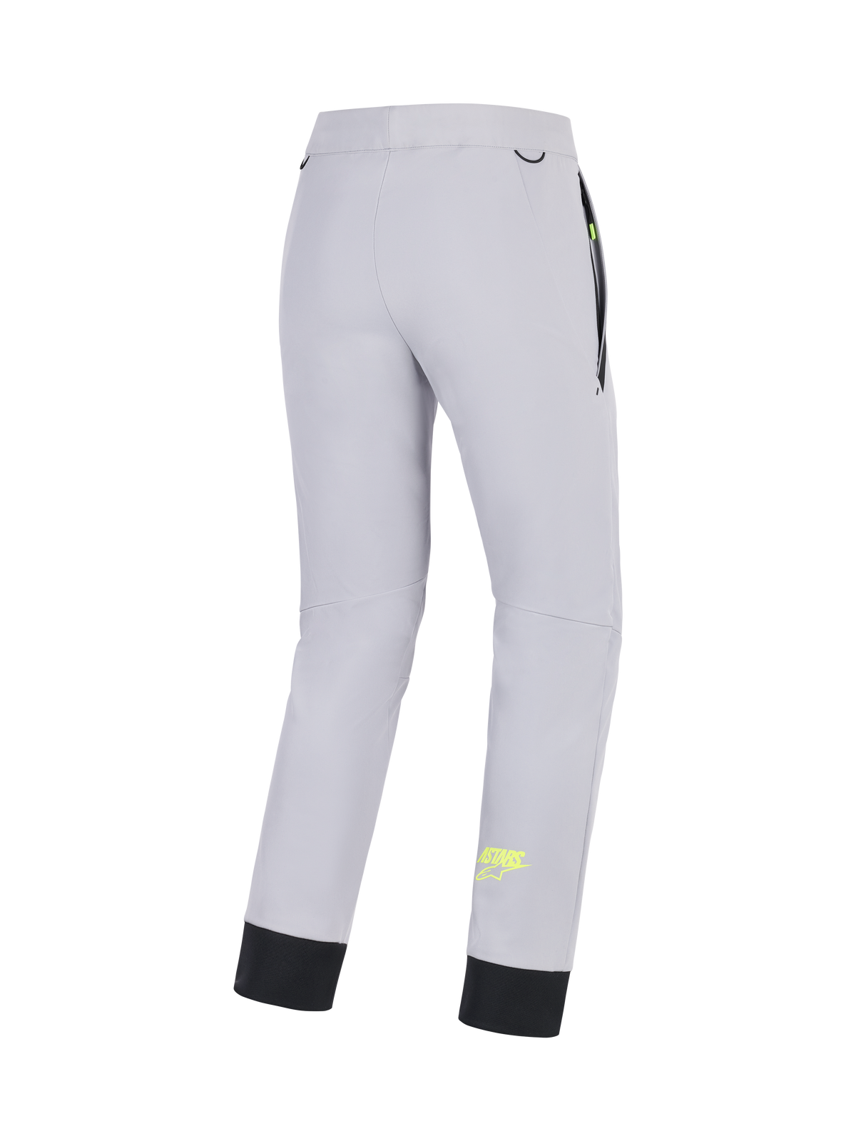Alpinestars Pantalones Aeroshell, pantalones de moto softshell para hombre, gris medio con detalles en amarillo flúor, vista trasera que muestra la construcción elástica, dobladillo inferior elástico y detalles de los bolsillos