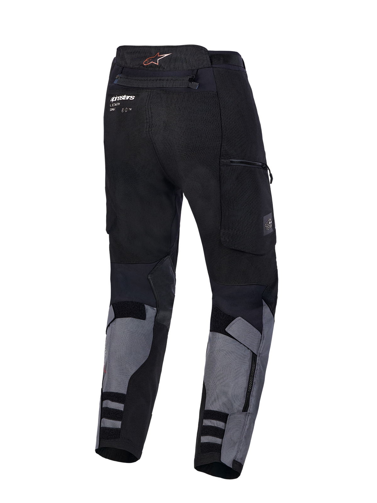 Alpinestars Harok V2 Drystar Pants, Adventure Motorcycle Pants, Dark Gray and Black, CE certified, rear view showing over-the-boot construction and cargo pocket details
