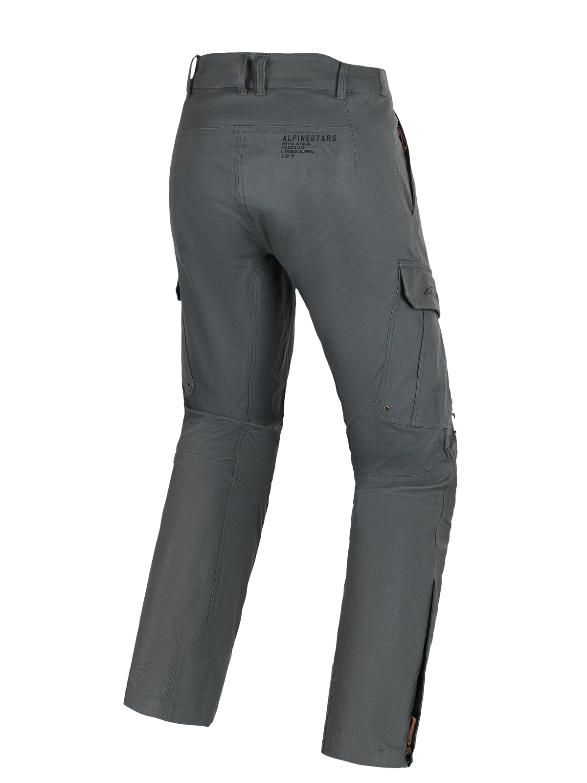 Pantalones Alpinestars Borrego Drystar®, pantalones de moto para aventura, gris antracita, vista trasera que muestra bolsillos de carga, marca posterior y cremalleras en las pantorrillas, material textil duradero con aspecto de lona encerada