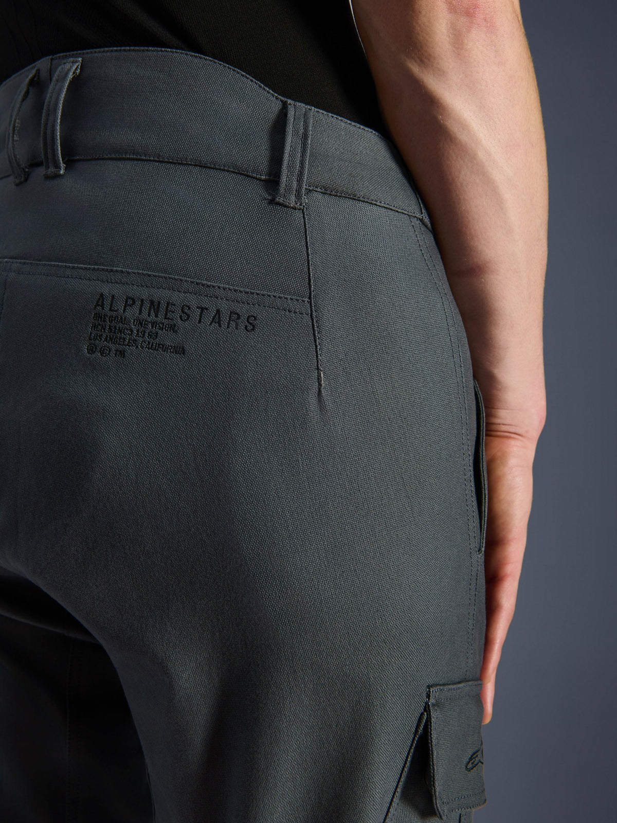 Pantalones Alpinestars Borrego Drystar®, pantalones de moto en gris antracita, primer plano de la zona posterior de la cadera con la marca y el eslogan de Alpinestars, tejido duradero con aspecto de lona encerada para conducción de aventura.