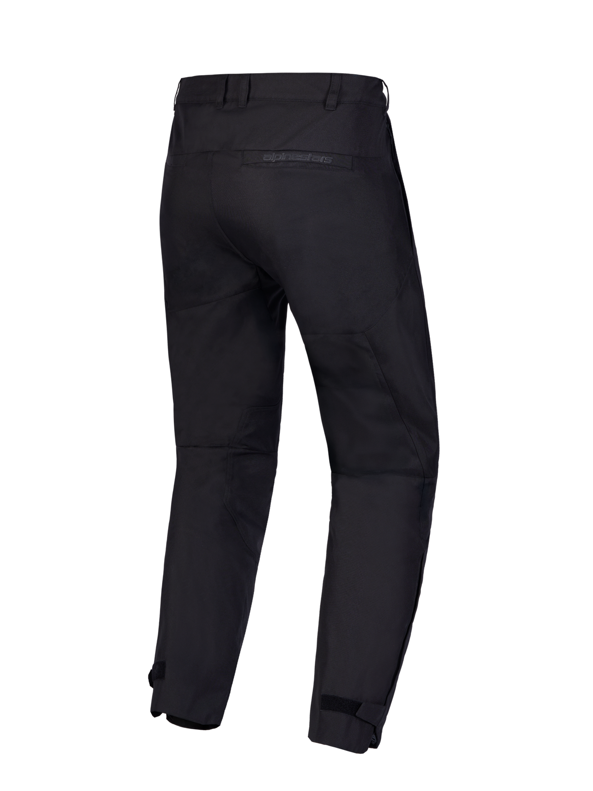 Alpinestars C-1 Waterproof Pantalones, pantalones de moto negros, vista trasera con diseño de poliéster resistente, trabillas para cinturón y bolsillo trasero con el logotipo de Alpinestars
