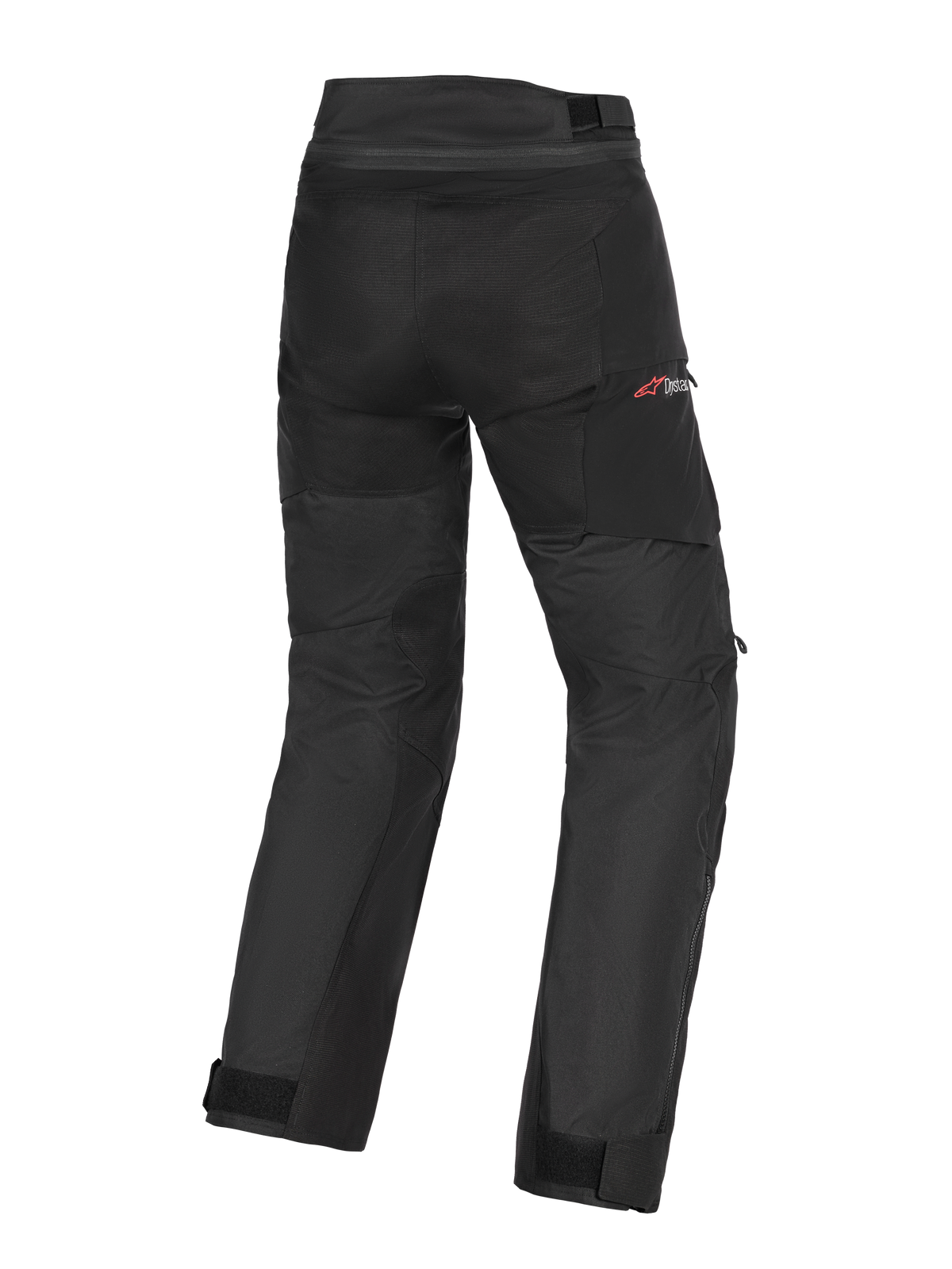 Alpinestars Andes V4 Drystar® Pants - Long, pantalones de moto adventure-touring negros, vista trasera que muestra el chasis textil duradero, correas ajustables en los tobillos y sutil marca Drystar en rojo