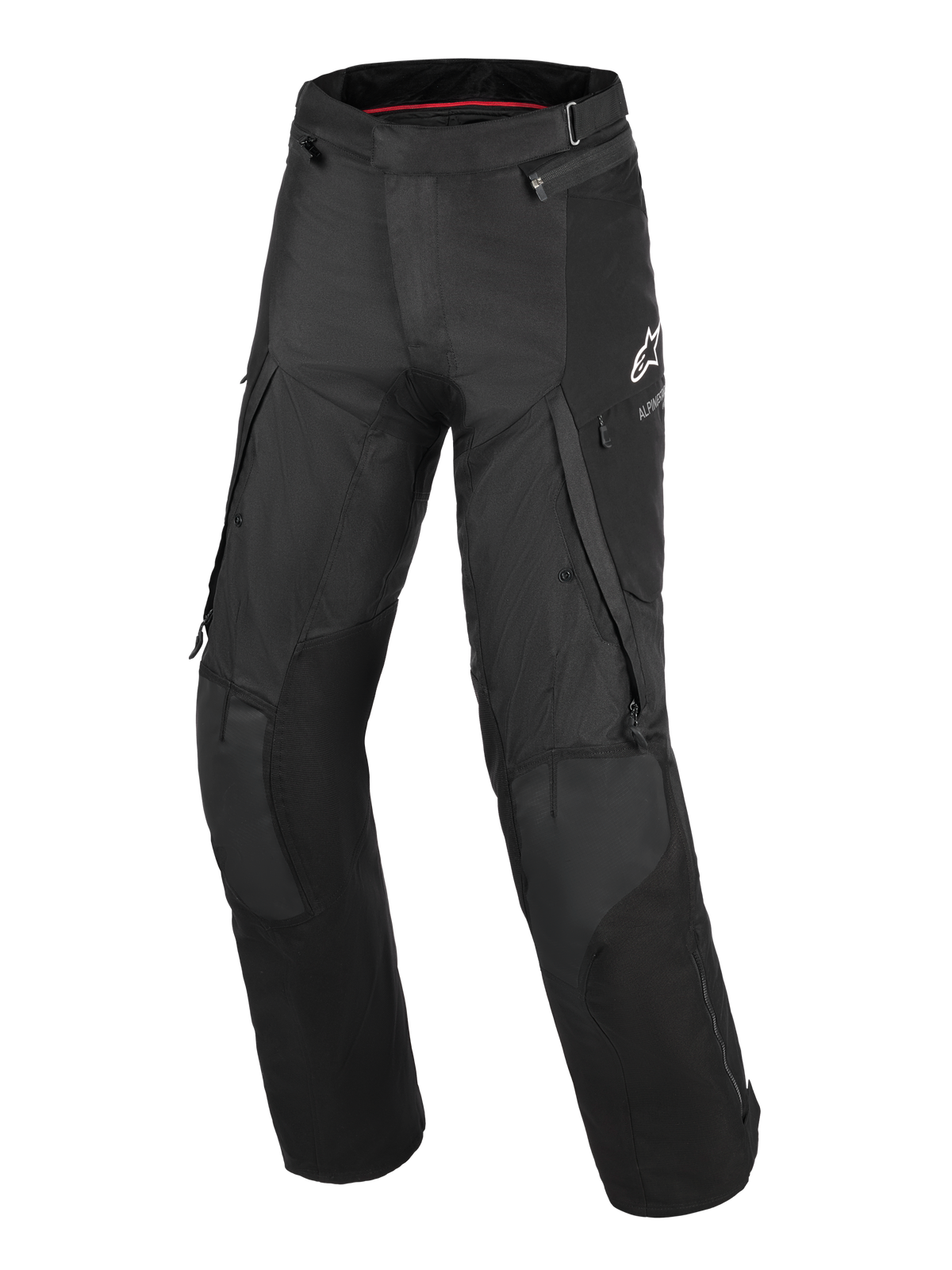 Alpinestars Andes V4 Drystar® Pants - Long, pantalones negros de moto para aventura y turismo, con grandes bolsillos de carga, paneles reforzados en las rodillas, ventilación con cremallera en los muslos y el logotipo de Alpinestars en blanco en el muslo izquierdo.