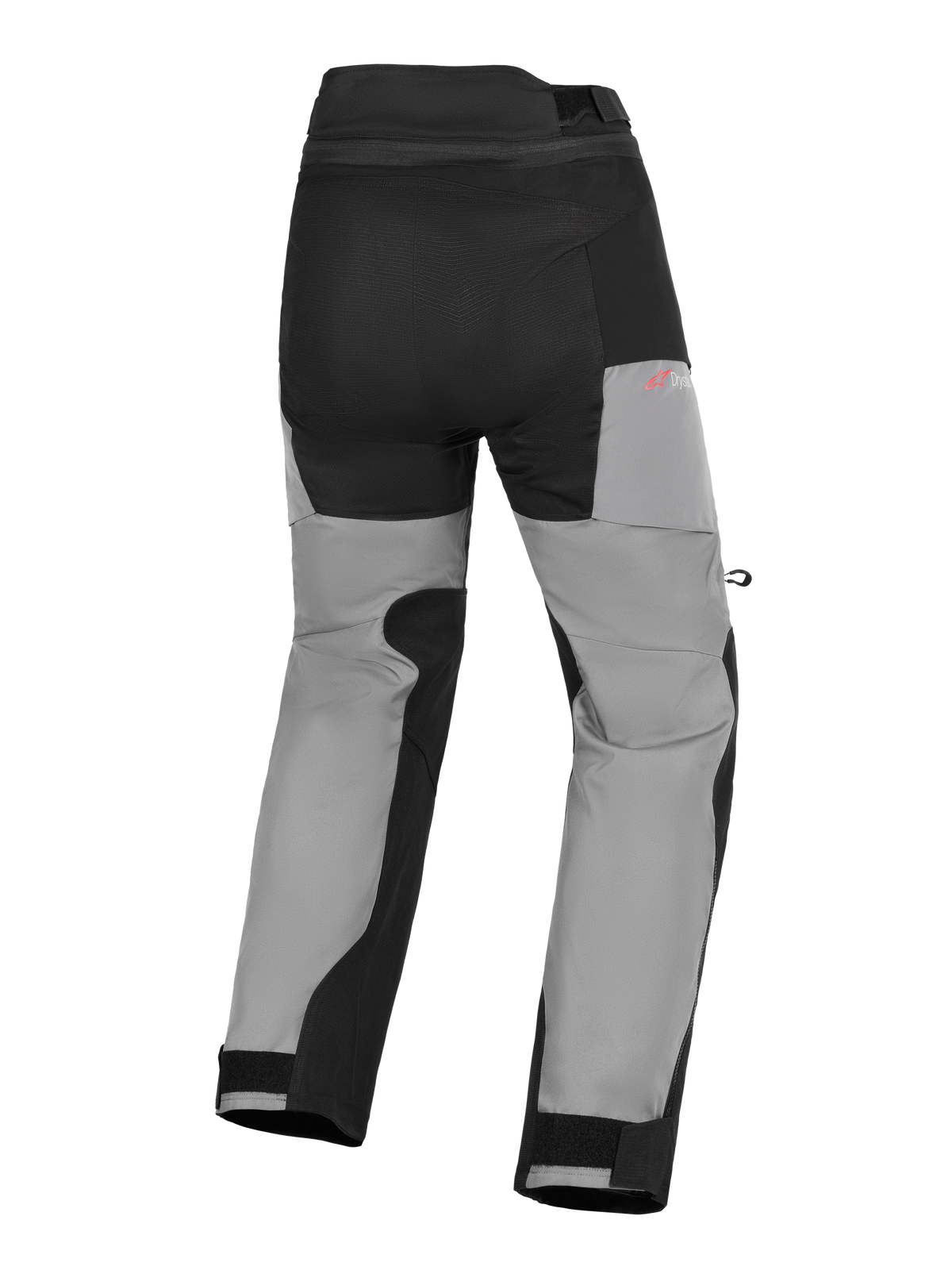 Pantalones Alpinestars Andes V4 Drystar®, pantalones de moto de aventura, negro y gris oscuro, vista trasera con paneles reforzados en el asiento, logotipo Drystar en rojo en la cadera y cierres de velcro ajustables en los tobillos.