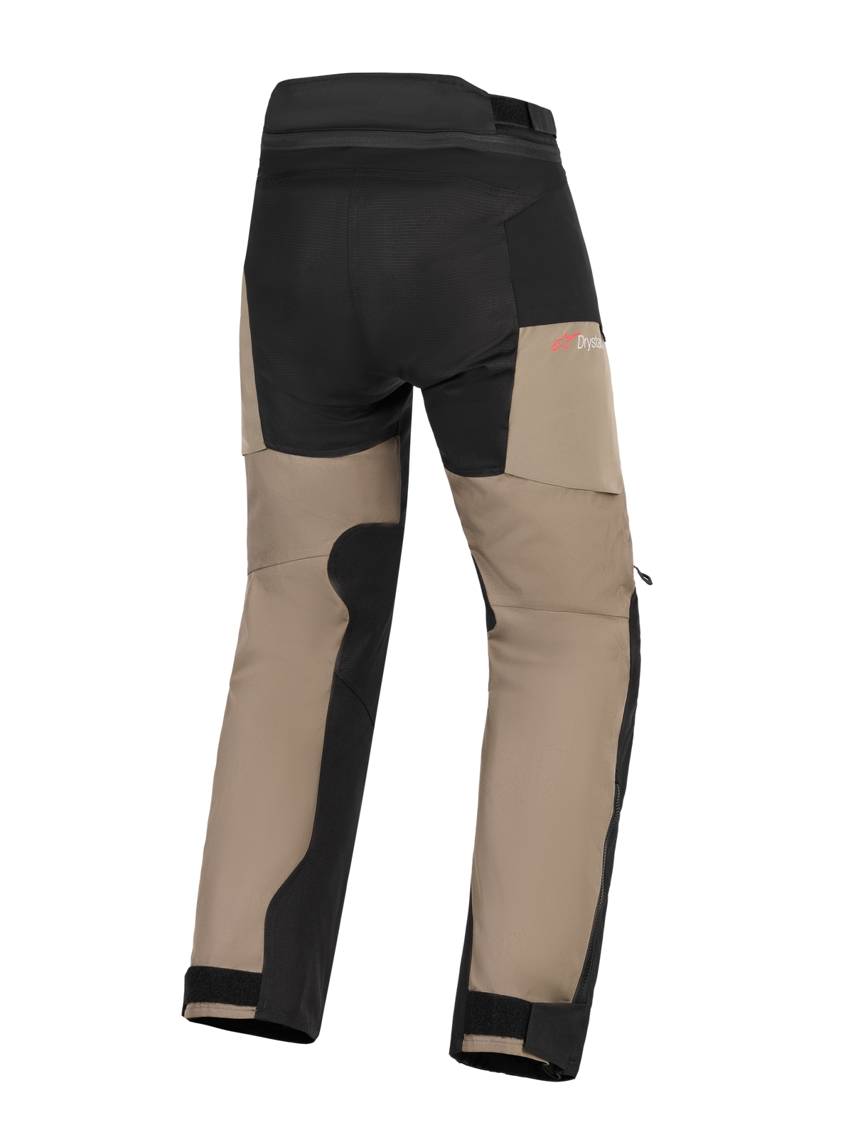 Alpinestars Andes V4 Drystar® Pants, pantalones de aventura para moto, nogal y negro, vista trasera con paneles reforzados en el asiento y la parte interna de las piernas, logotipo Drystar rojo y puños ajustables en los tobillos.