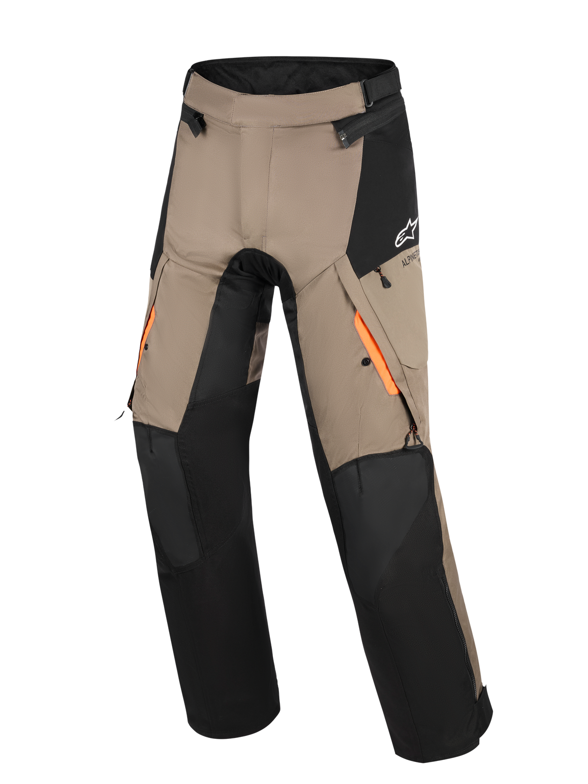 Alpinestars Andes V4 Drystar® Pants, pantalones adventure touring, color nogal y negro, con acentos naranjas en las aberturas de ventilación de los muslos, paneles reforzados en las rodillas y bolsillos de carga resistentes al agua.