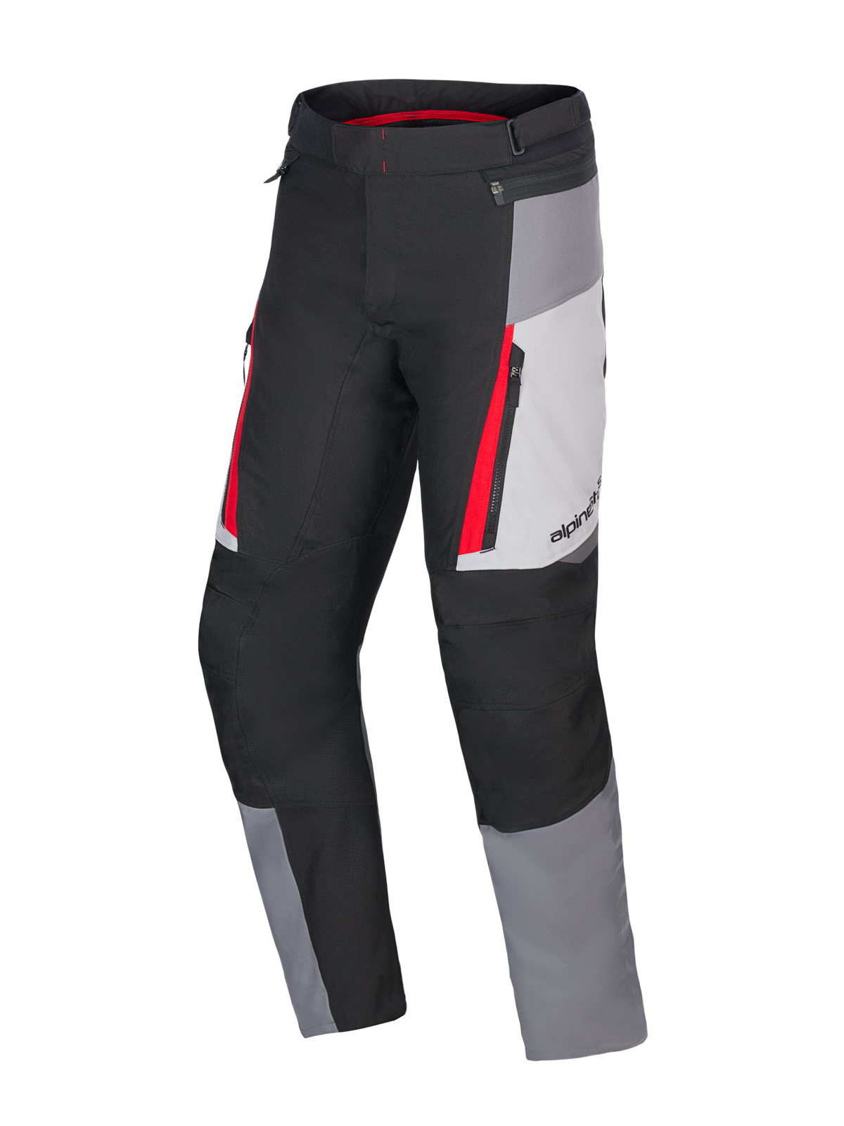 Alpinestars Honda ST-1 Waterproof Pants, Motorcycle Touring Pants, Ice Gray, Dark Gray and Black with Red Accents, technical textile construction with waterproof liner, zippered cargo pockets, and ergonomic pre-curved legs