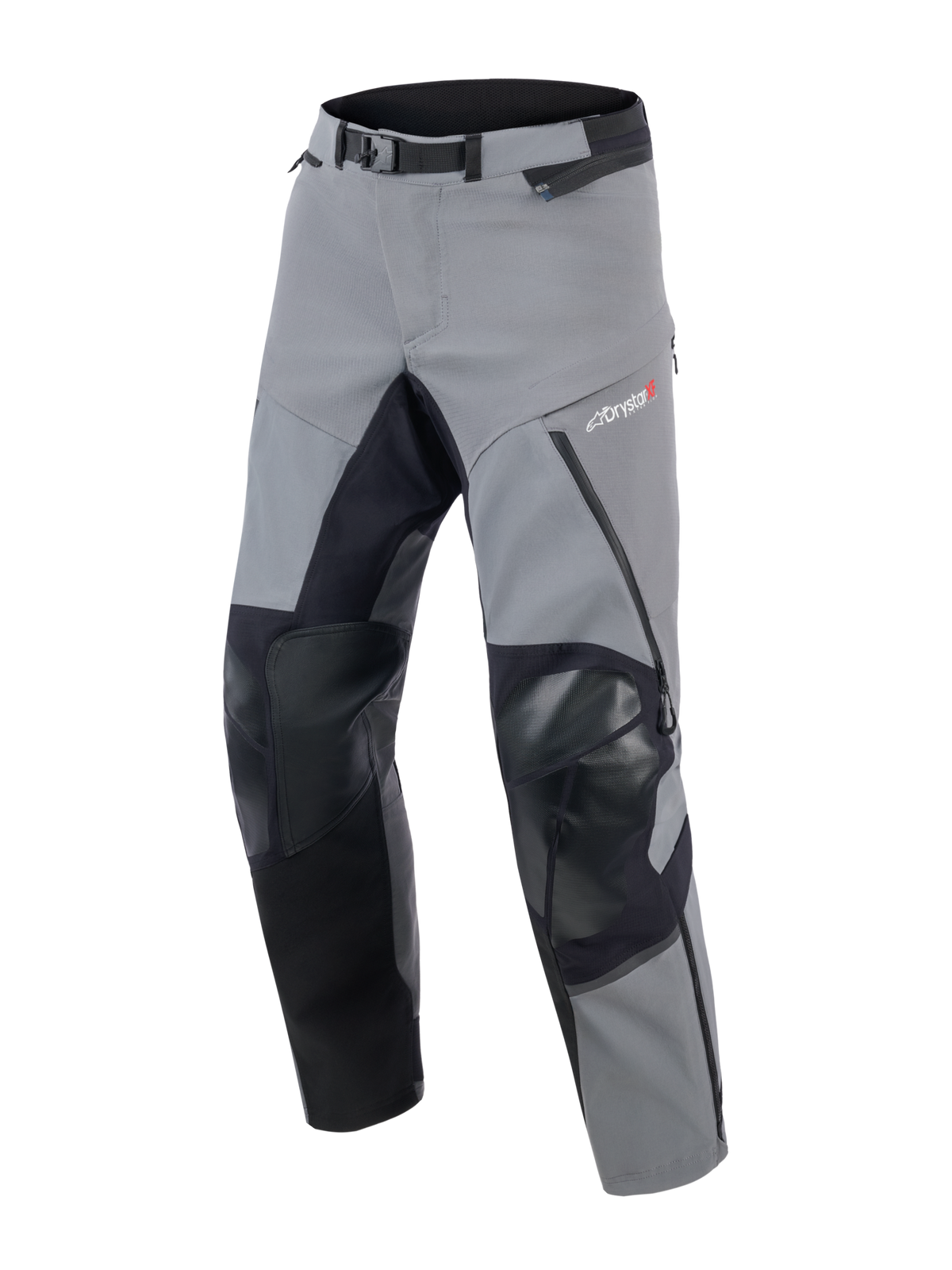 Alpinestars Andes Pro Drystar® XF Pants, Adventure Touring Motorcycle Pants, Dark Gray and Black, featuring reinforced black knee and inner leg panels, magnetic waist buckle, and Drystar XF logo on the thigh, technical textile design for extreme weather.