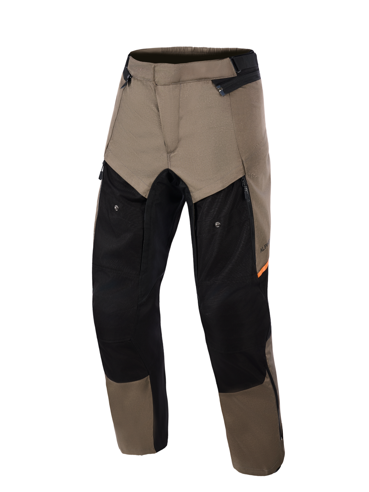 Pantalones Alpinestars Cusco Drystar®, pantalones de moto adventure en Walnut Black, vista frontal, con paneles en marrón nogal y negro con detalles en naranja, amplias aberturas de ventilación con cremallera en los muslos y construcción textil duradera.