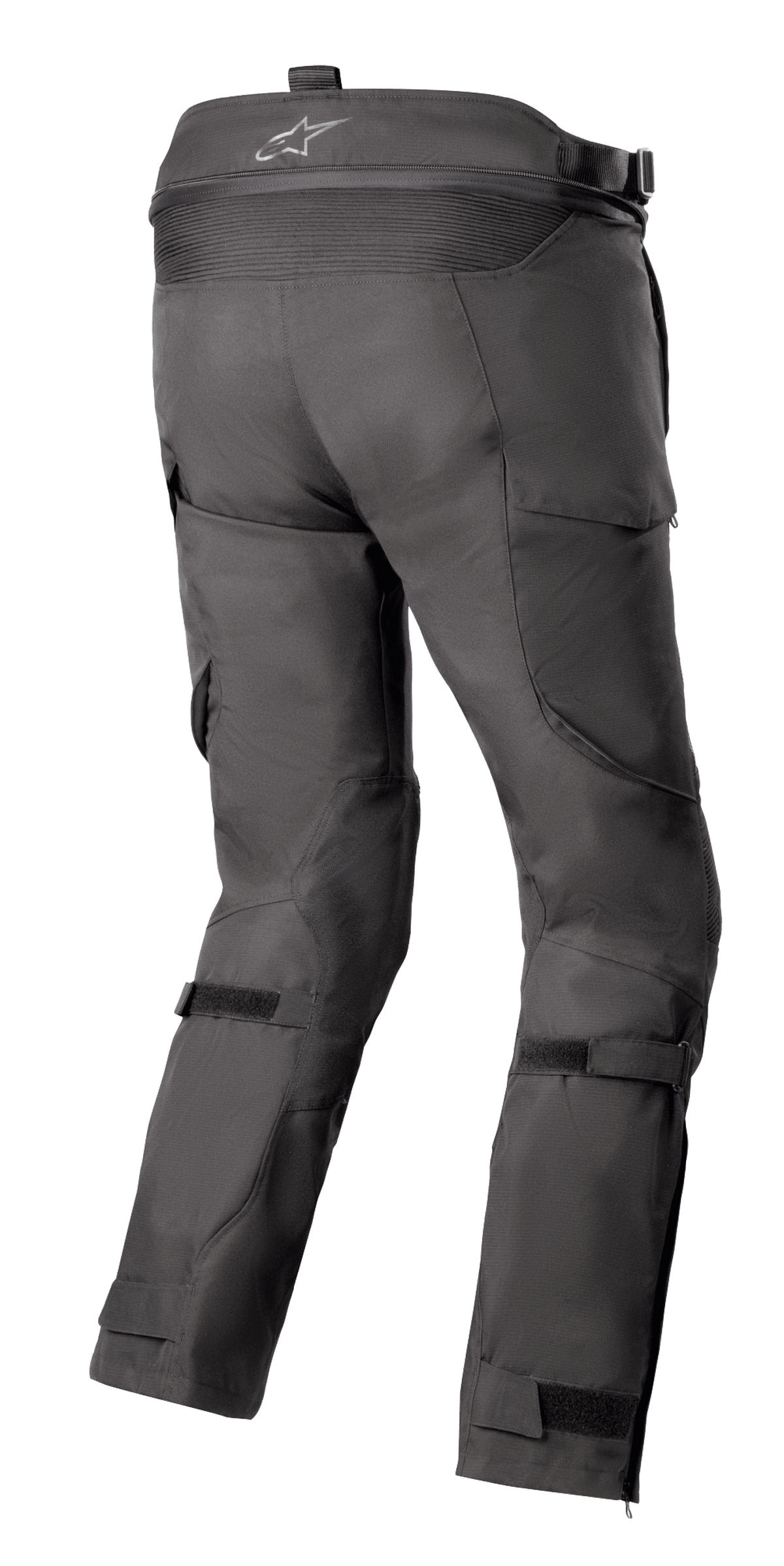 Alpinestars Bogota' Pro Drystar® 4 Seasons Pants, negro, vista posterior de pantalones de moto para adventure touring que muestra el logo en la cintura, paneles elásticos de acordeón y correas ajustables en las piernas