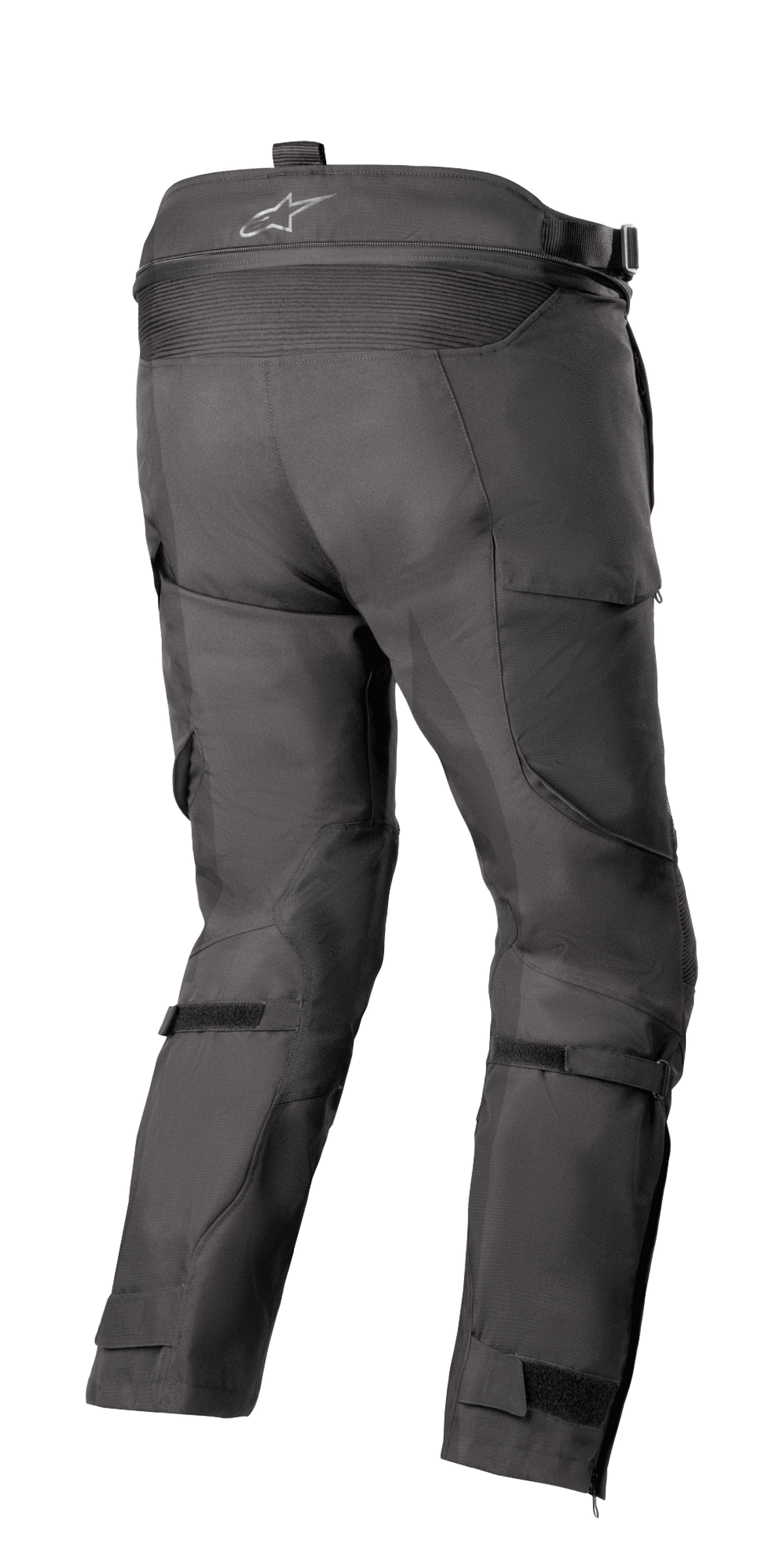 Alpinestars Bogotá Pro Drystar® 4 Seasons Pants - Short, pantalones de motociclismo adventure touring, negros, vista trasera que muestra cintura alta con logotipo, panel de acordeón elástico, correas ajustables en las pantorrillas y construcción de tejido técnico.