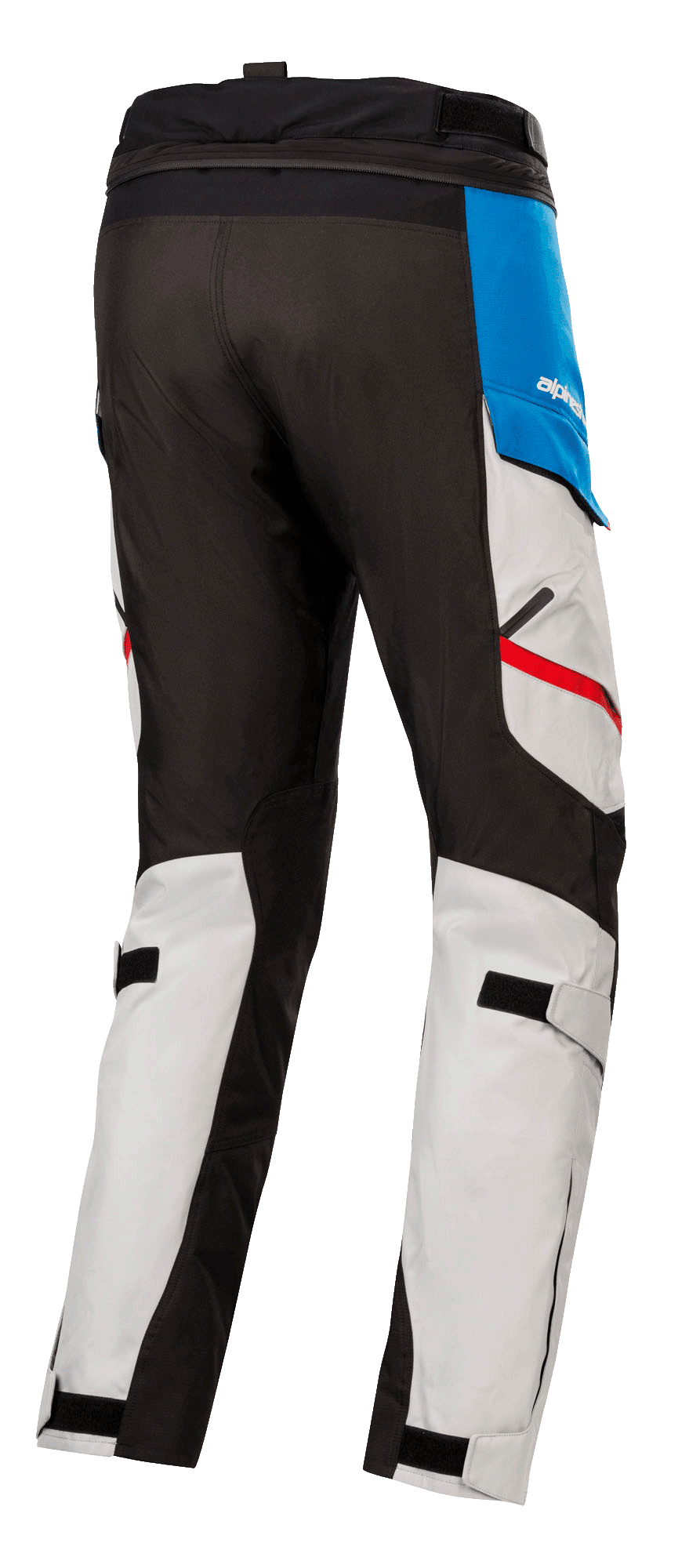 Pantalones Alpinestars Honda Andes V3 Drystar®, pantalones de moto textiles, gris hielo con detalles en azul y rojo brillante, vista trasera que muestra paneles negros reforzados, correas ajustables en las pantorrillas y cremallera de conexión en la cintura