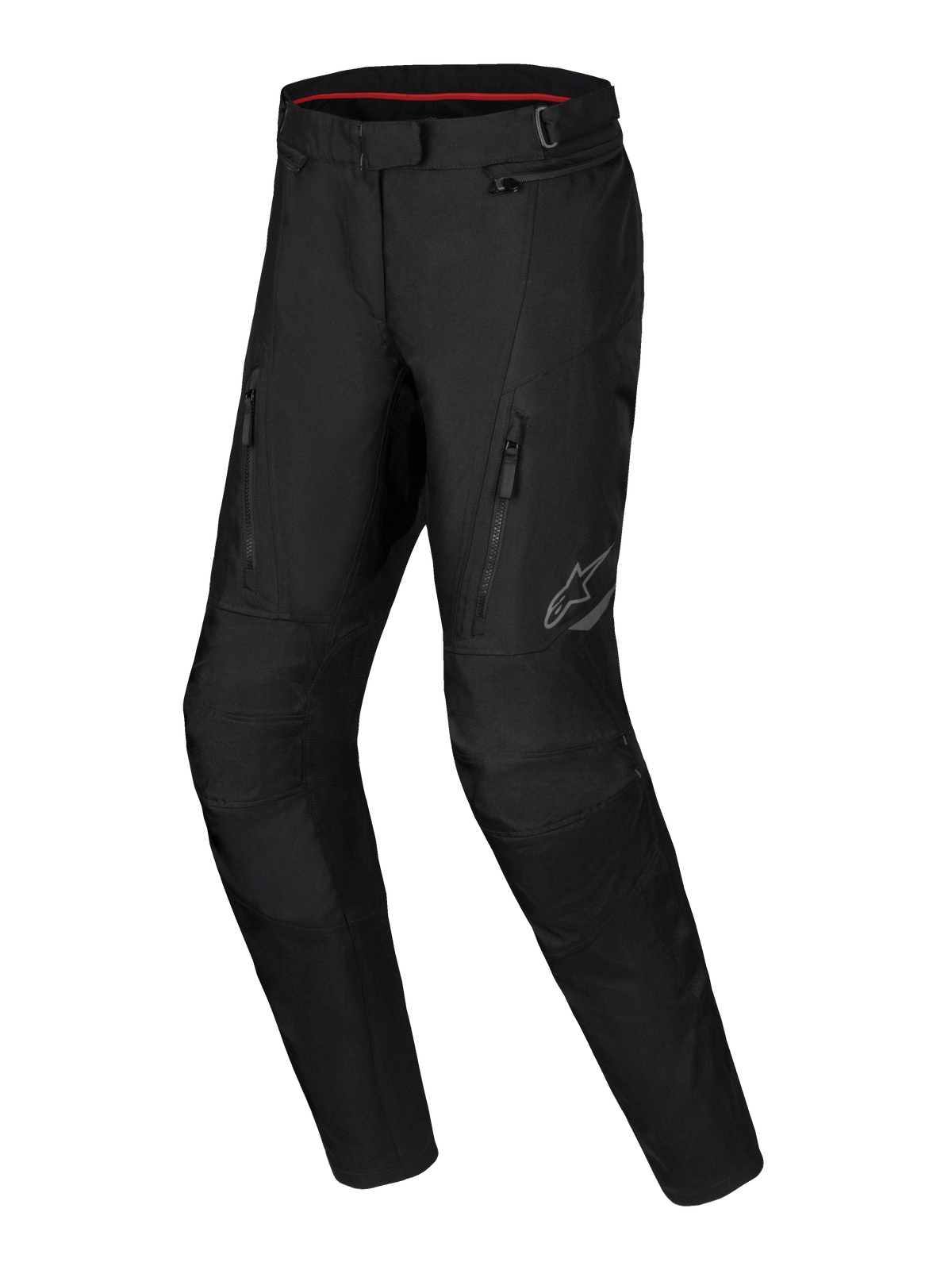 Alpinestars Stella ST-1 Waterproof Pants, pantalones de motociclismo de turismo de aventura para mujer, negros, con bolsillos frontales con cremallera, paneles de rodilla reforzados y logo de Alpinestars reflectante en el muslo, construcción textil impermeable con piernas precurvadas