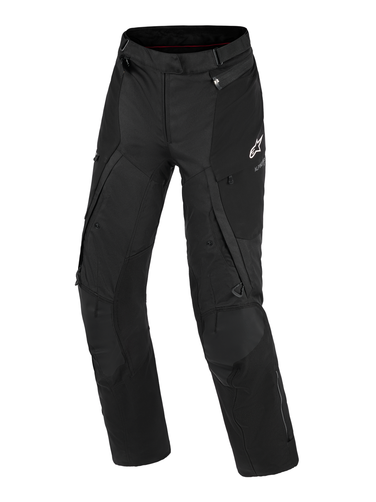 Alpinestars Stella Andes V4 Drystar® Pants, Women's Adventure Motorcycle Pants, Black, front view showing technical textile construction, white Alpinestars logo on the left thigh, cargo pockets, and ventilation zippers, durable all-weather riding gear