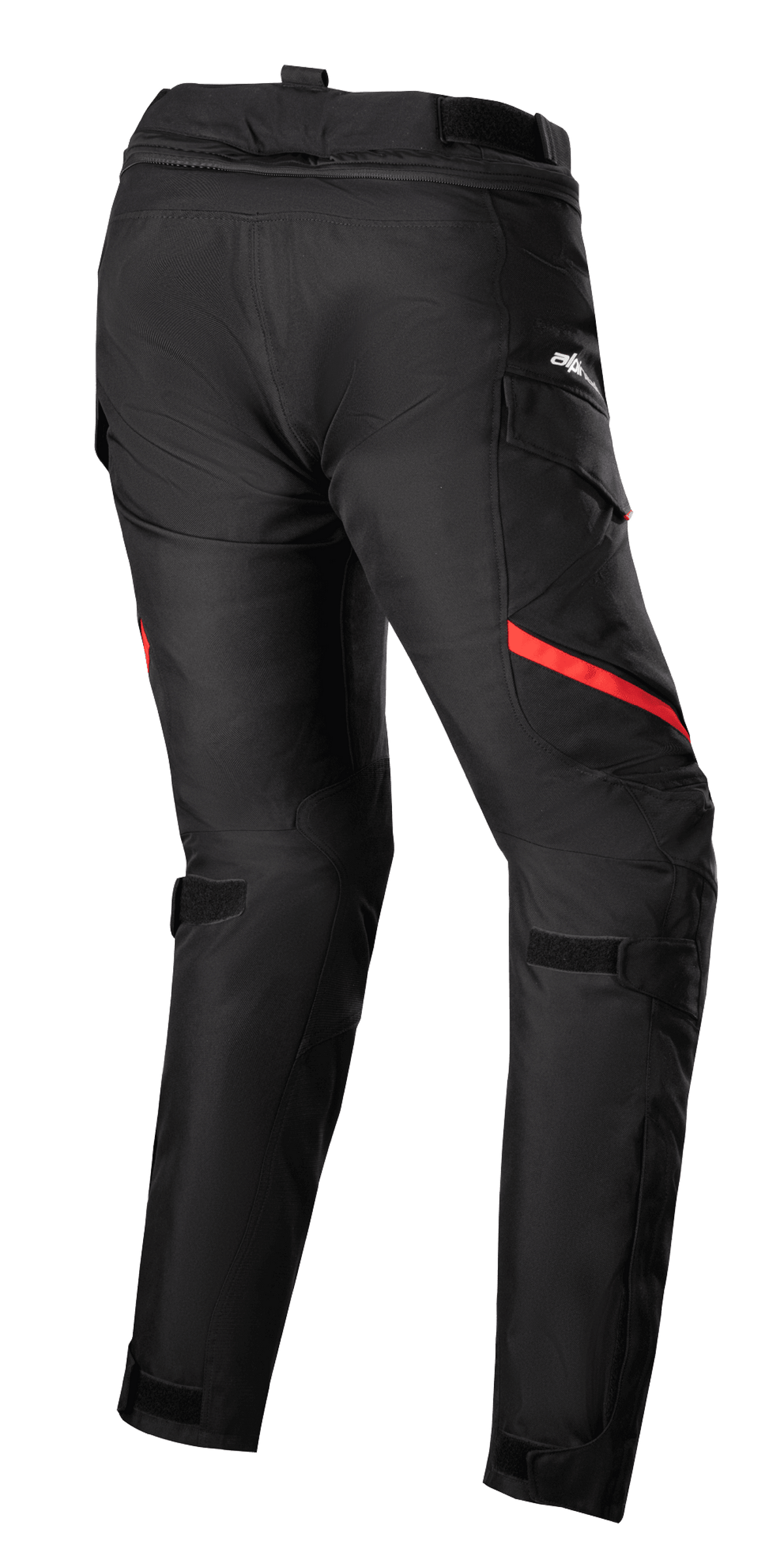 Pantalones Alpinestars Stella Honda Andes V3 Drystar® para mujer, pantalones de moto touring, negro y rojo brillante, vista trasera con bolsillos tipo cargo, correas ajustables en la cintura y las rodillas, y construcción textil duradera para conducción en todo clima