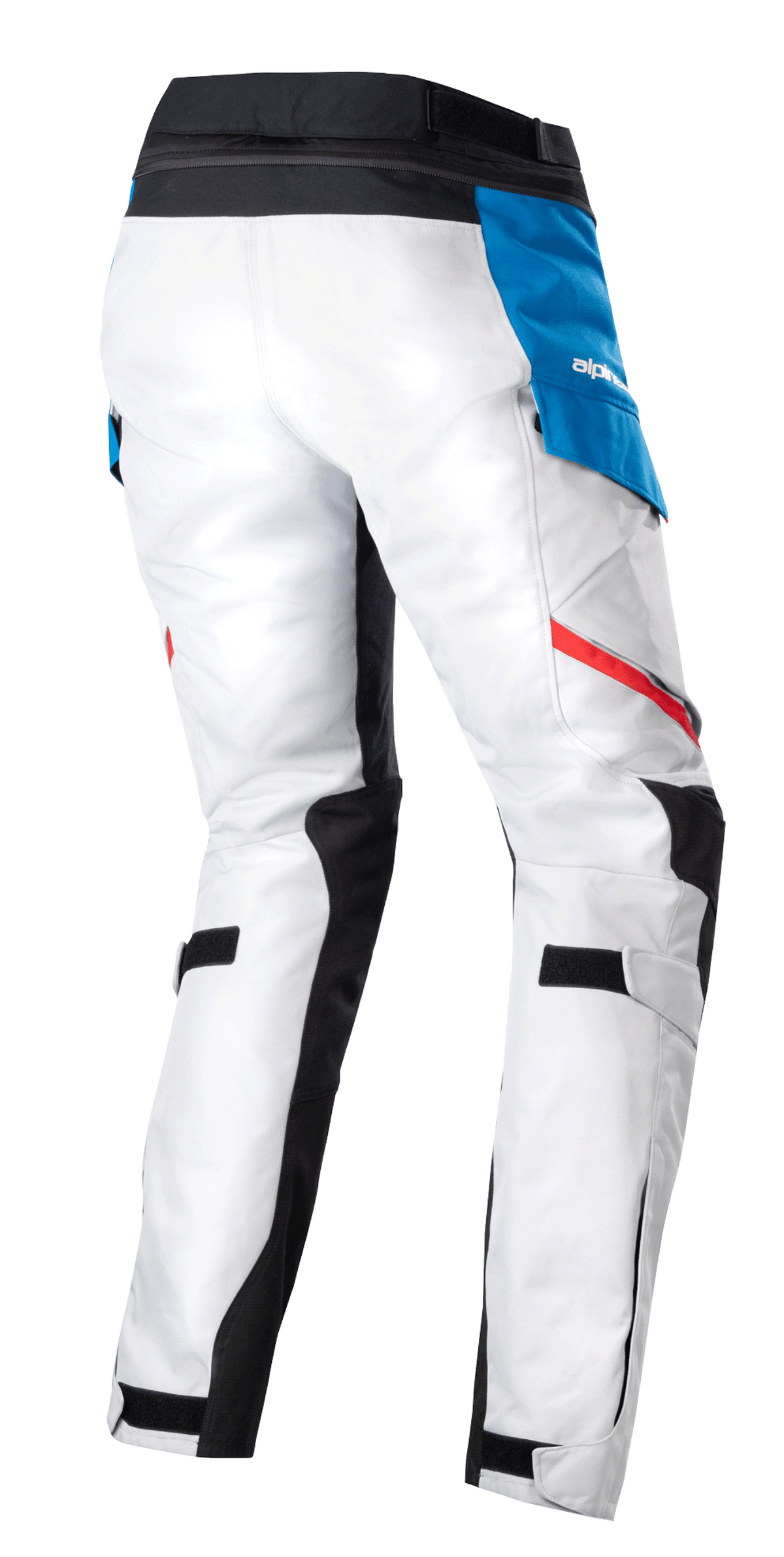 Alpinestars Stella Honda Andes V3 Drystar® Pants para mujer, pantalones de moto adventure touring, gris hielo, azul y rojo brillante, vista trasera que muestra la construcción textil gris hielo, bolsillo lateral azul con logotipo blanco, cintura negra y franjas decorativas rojas