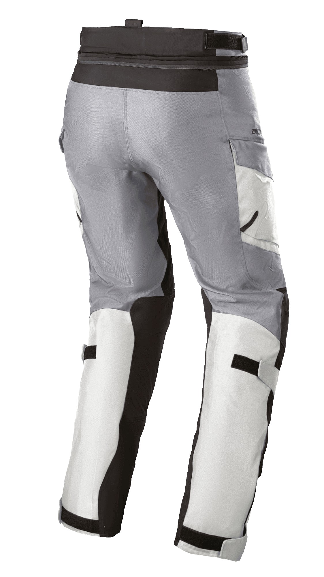 Pantalones Alpinestars Stella Andes V3 Drystar® para mujer, pantalones de moto touring, gris hielo y gris oscuro, vista trasera de tres cuartos que muestra correas ajustables en cintura y pantorrillas, bolsillos cargo y paneles reforzados.