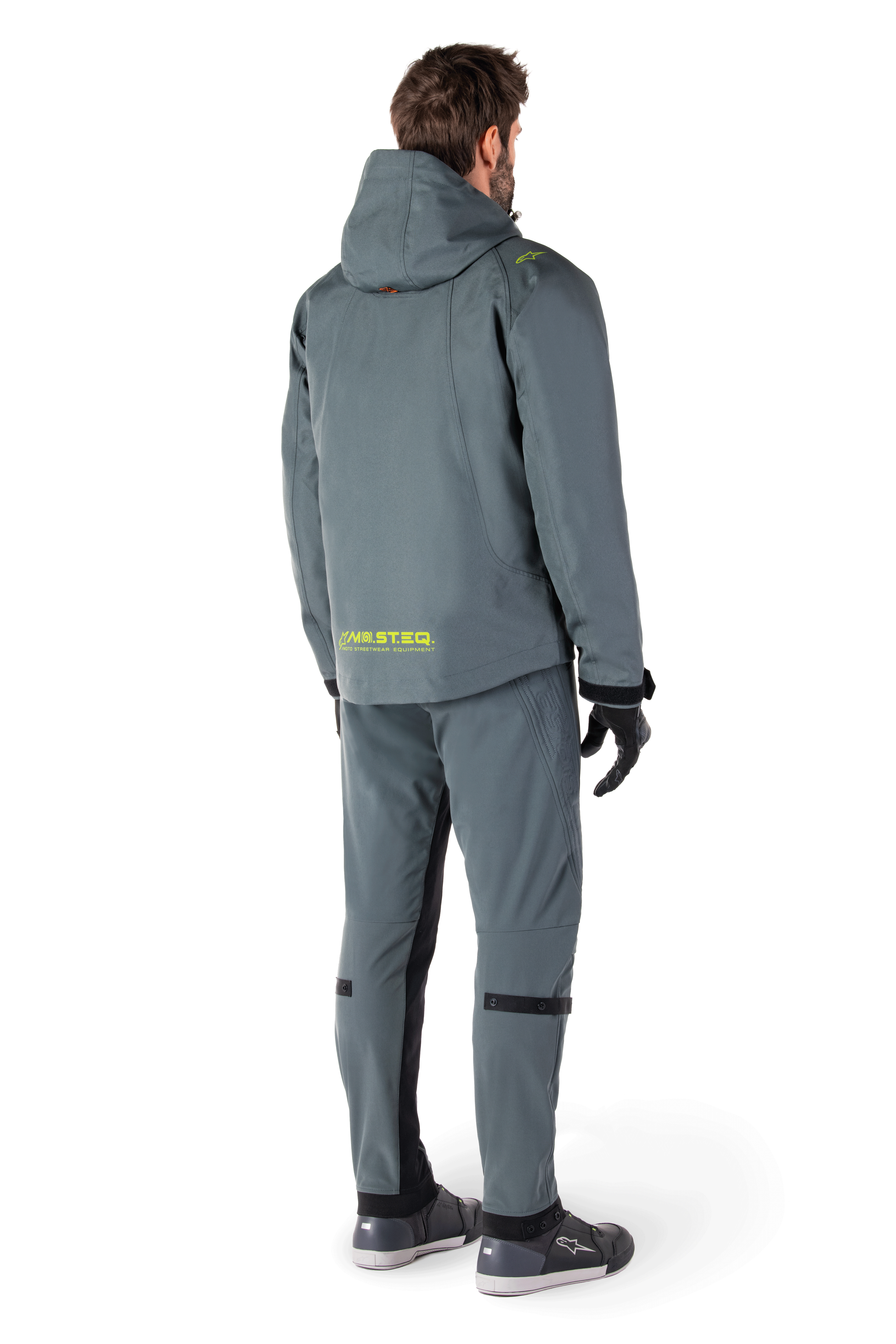 Alpinestars Morush Waterproof Parka in Urban Gray, long-cut motorcycle jacket with streetwear-inspired design, featuring a stormproof hood, large front 3D utility pockets, and reflective MO.ST.EQ. wordmark on the back.