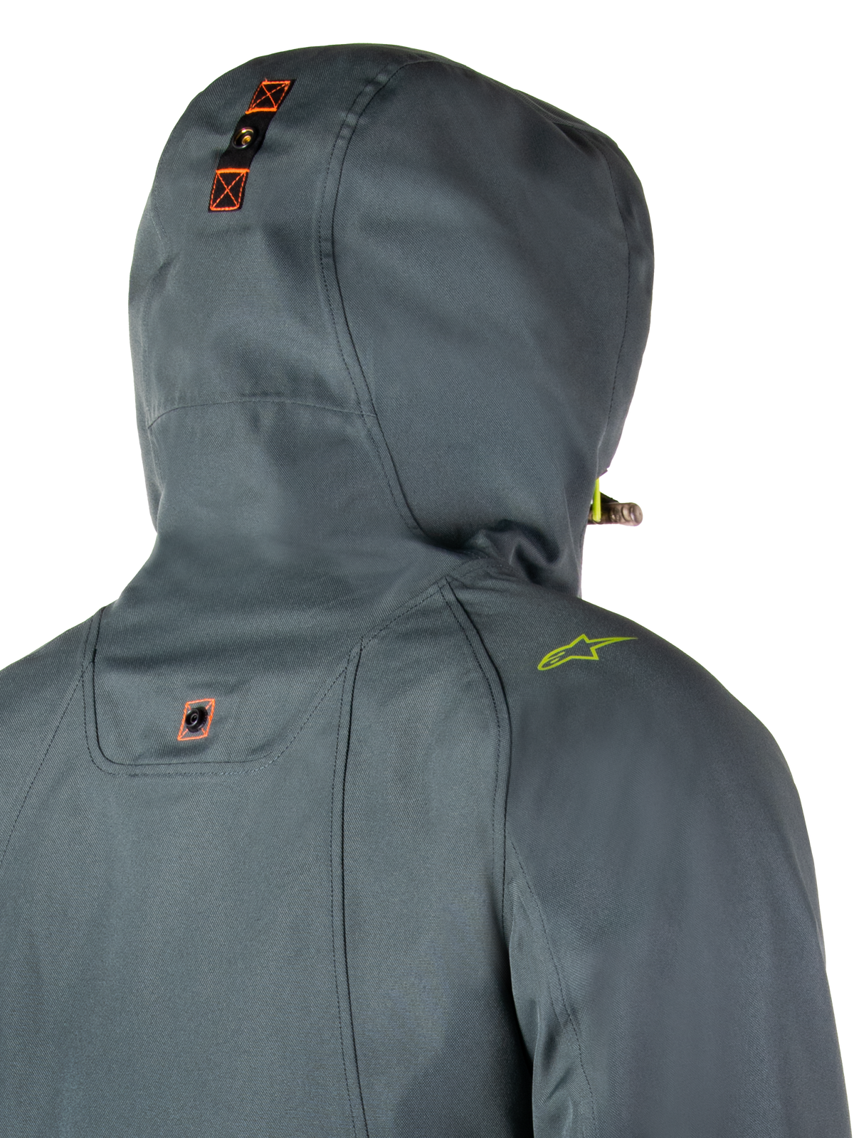 Alpinestars Morush Waterproof Parka, Urban Gray, detailed rear view of hood with snap-button anchor system and orange accents, lime green shoulder logo, waterproof urban motorcycle streetwear